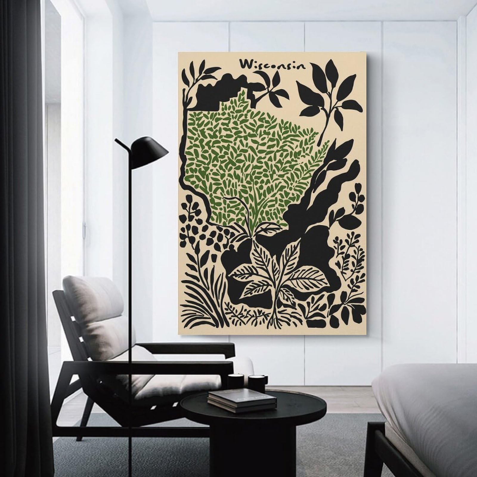 Junmoney Wisconsin State Map with Foliage Decorative Wall Artwork, 24x36inch(60x90cm), for Home Lounge, Bedroom Or Reading Nook, Easy Decor for Gallery Walls