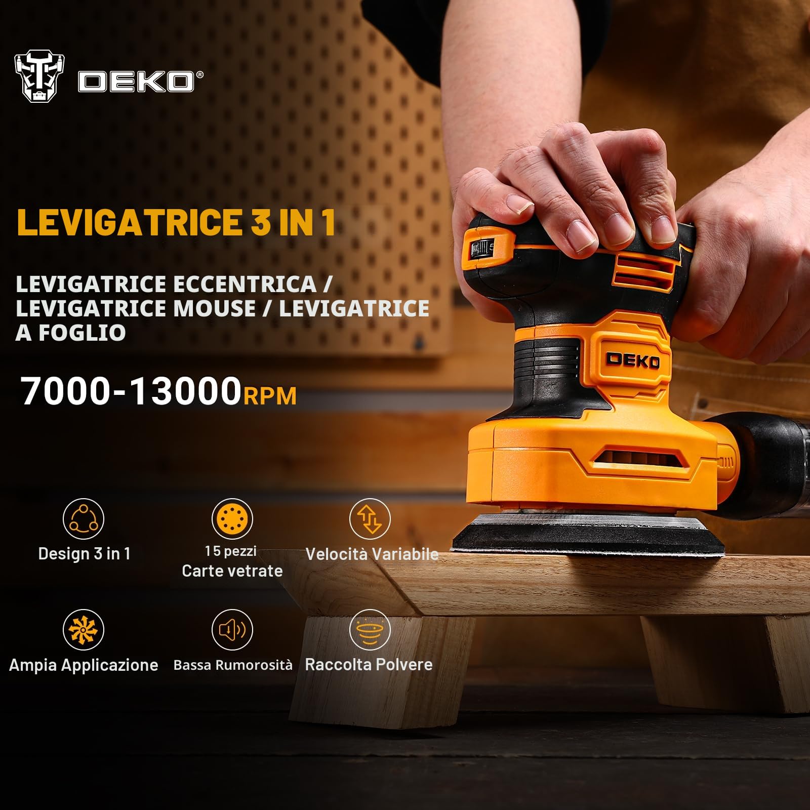 DEKOPRO 3-IN-1 Levigatrice Orbitale: Levigatrice Multifunzione 300W 13000RPM, con 15 fogli di carta vetrata, 6 velocità e accessori per il lavoro del legno