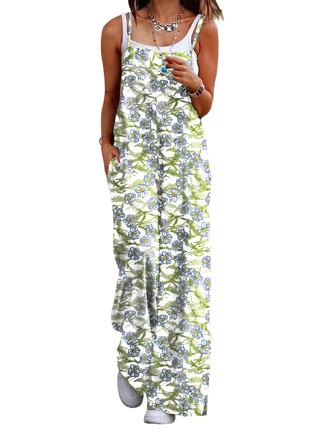 YESNOWomen's 2023 Summer Casual Jumpsuits Wide Leg Overalls Floral Print Baggy Rompers with Pocket PZZCR