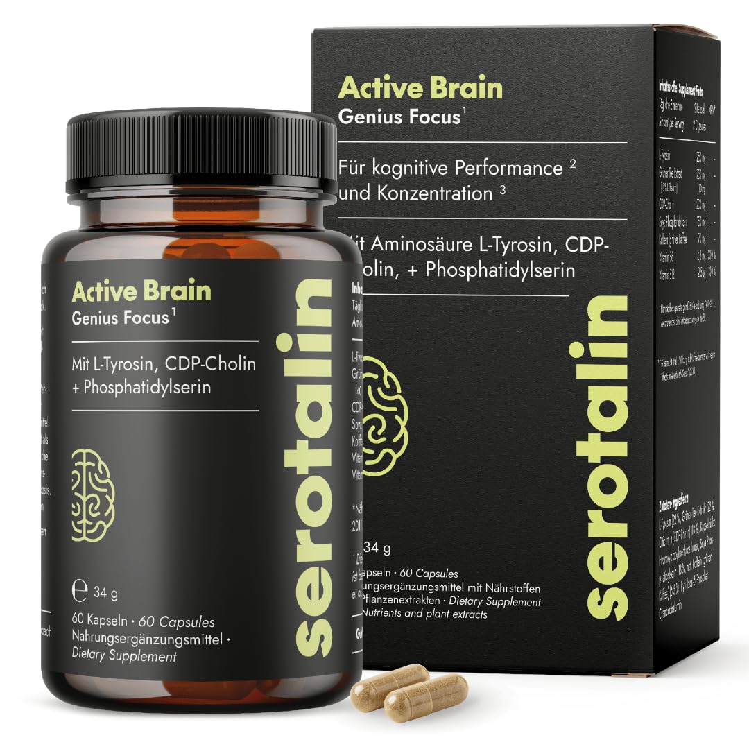 Serotalin ACTIVE BRAIN Genius Focus - Koffein, Grüner Tee Extrakt, L-Theanin, L-Tyrosin & B12 hochdosiert | 100% Vegane 
