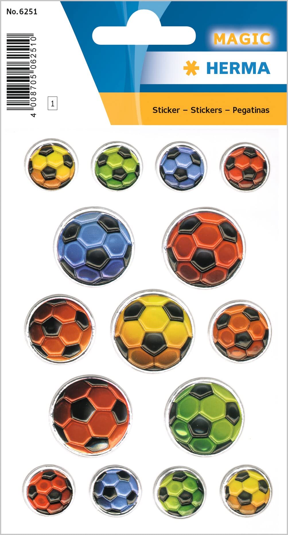 HERMA 6251 Stickers for Children, Footballs (15 Stickers, Plastic, with Embossing) Self-Adhesive Permanent Adhesive Motif Labels for Girls and Boys, Colourful