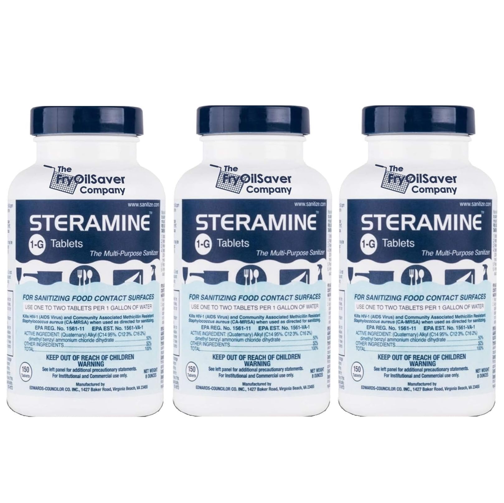 Quaternary Sanitizing Tablets - 150 Sanitizer Tablets per bottle, 3-Bottles