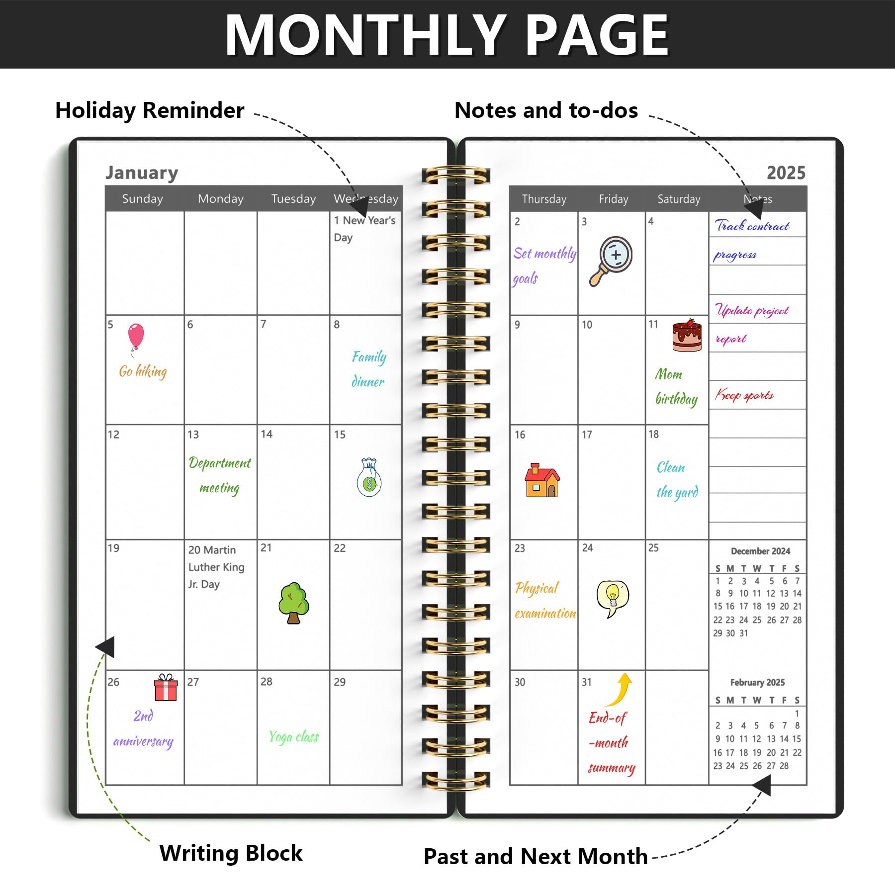 HAUTOCO Pocket Diary 2025 Planner - Diary 2025 Week to View, Spiral Bound Planner Appointment Work Book 17.1 x 9.6 cm Weekly Monthly Planner for Business Office Academic Personal Use, Black - Image 2