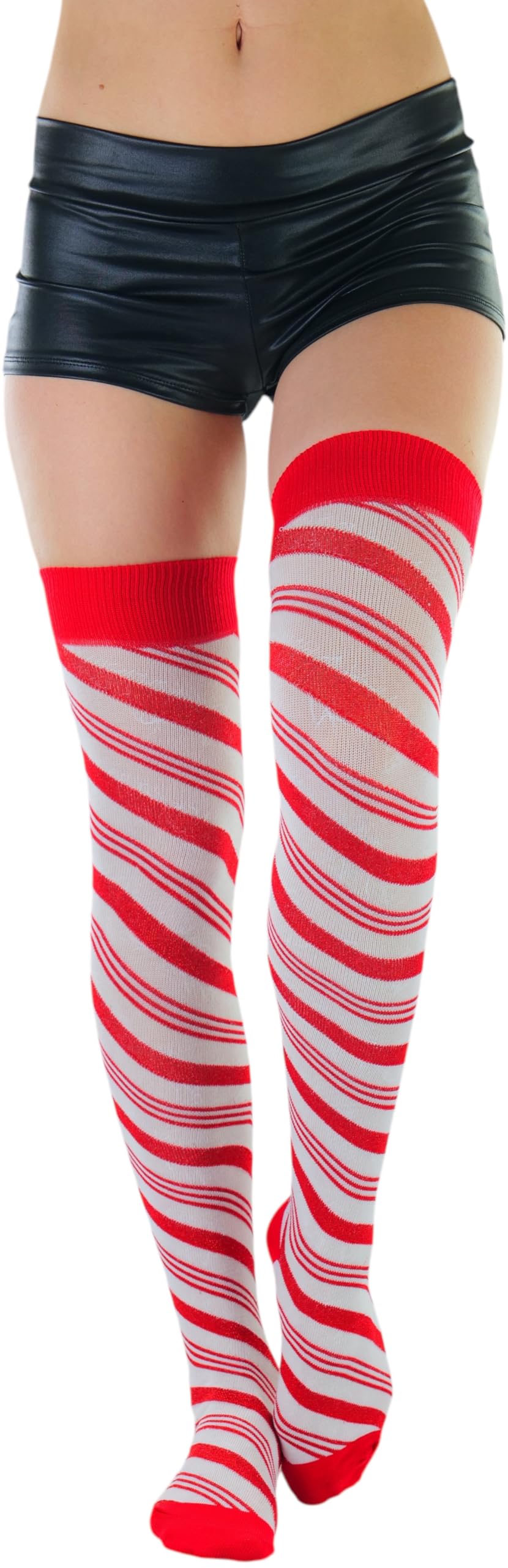 ToBeInStyle Women's Striped Christmas Thigh Hi Stockings W/Bow: One Size Shimmering Candy Cane Striped - Red/White