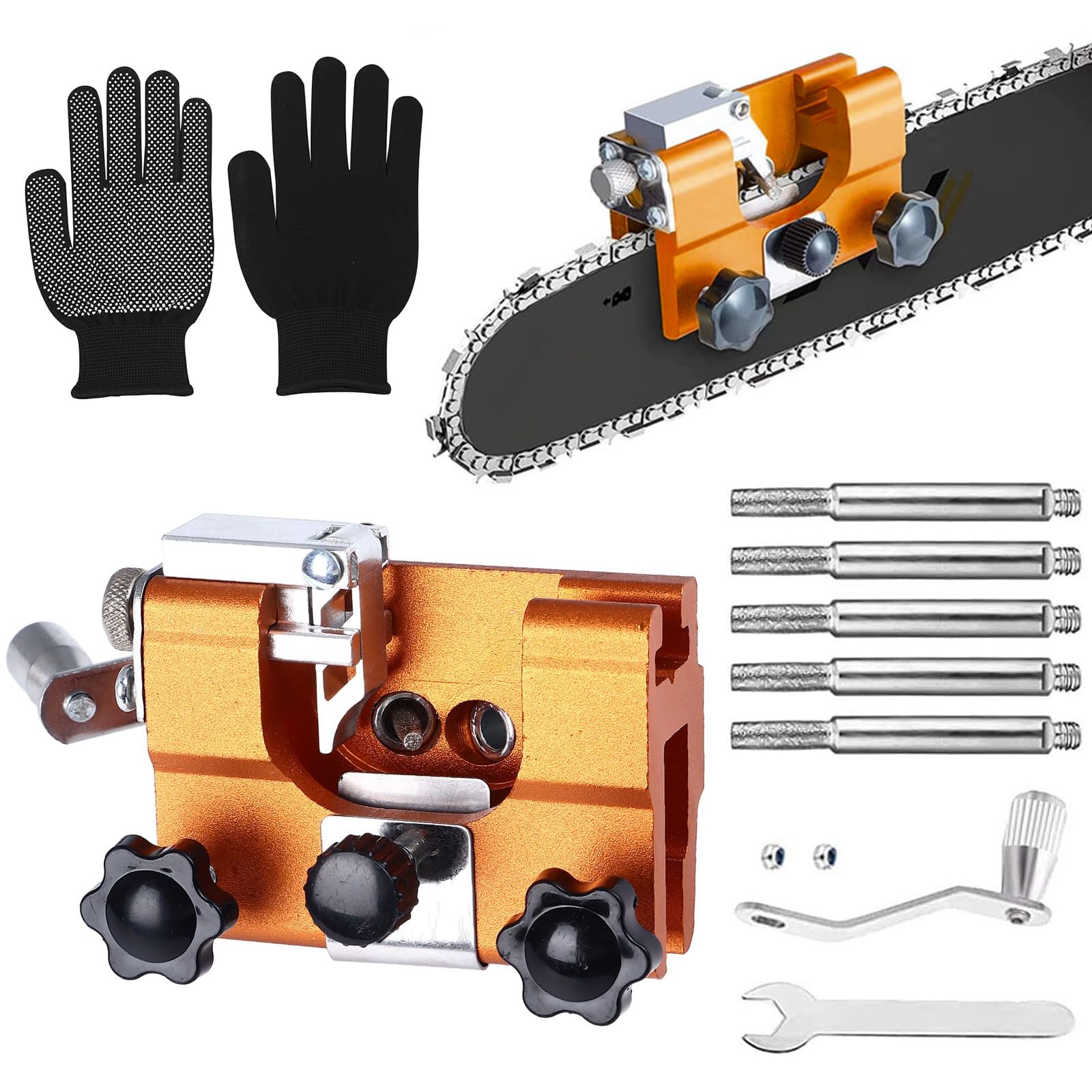 Kettensäge Schärfgerät, Kettenschärfgerät, Kettenschärfer mit 5 Schleifköpfen, Tragbar Kettenschärfgerät Handkurbeln, Tragbar Handkurbeln Kettensägenschärfer Kit für Kettensäge Schärfen Alle Arten