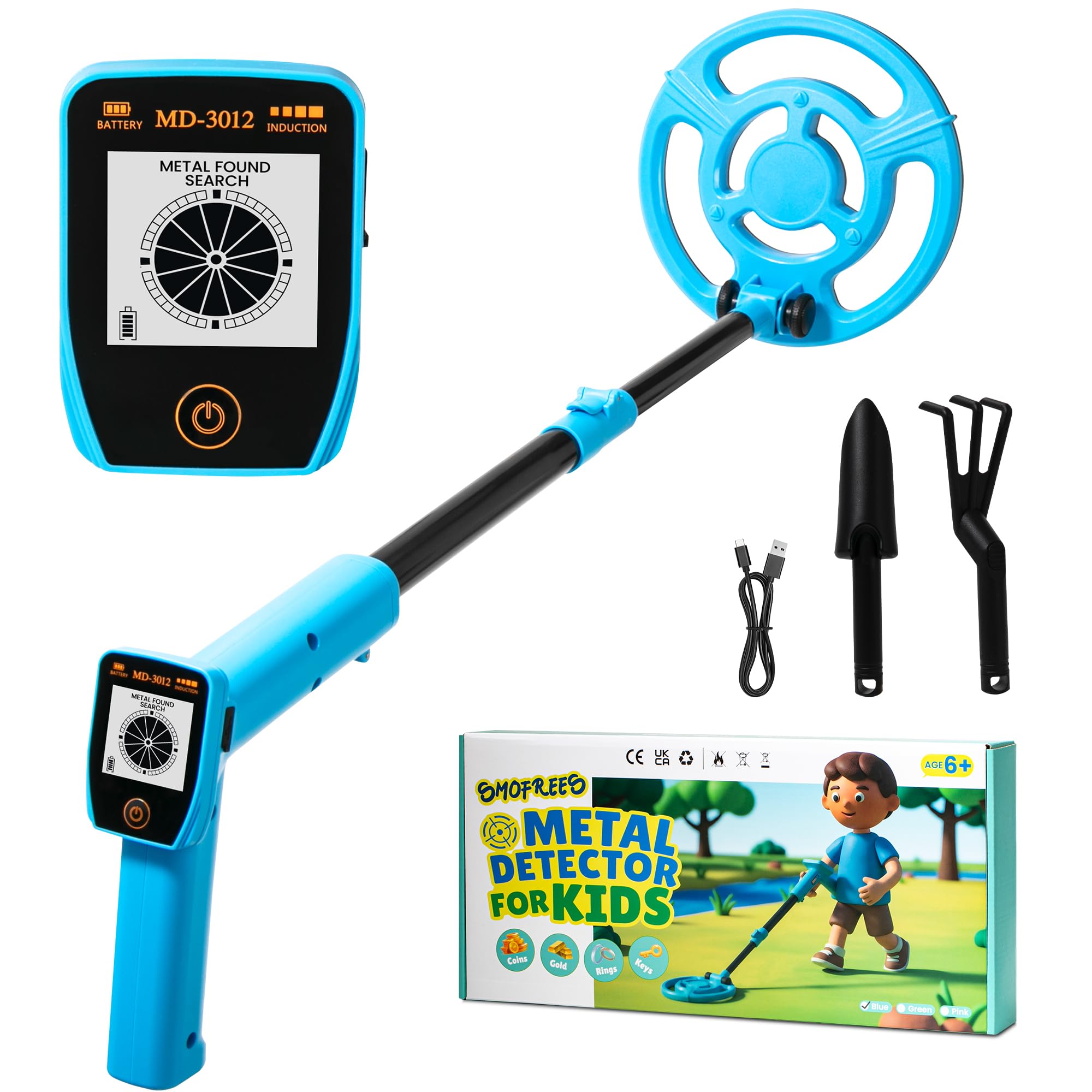 Smofrees Metal Detector Kids, Usb Rechargeable Kids Metal Detector with Simple Display, 24"-34" Adjustable Metal Detectors for Children, 7.36" Plus Search Coil, Outdoor Toys for Kids 8-12, Blue