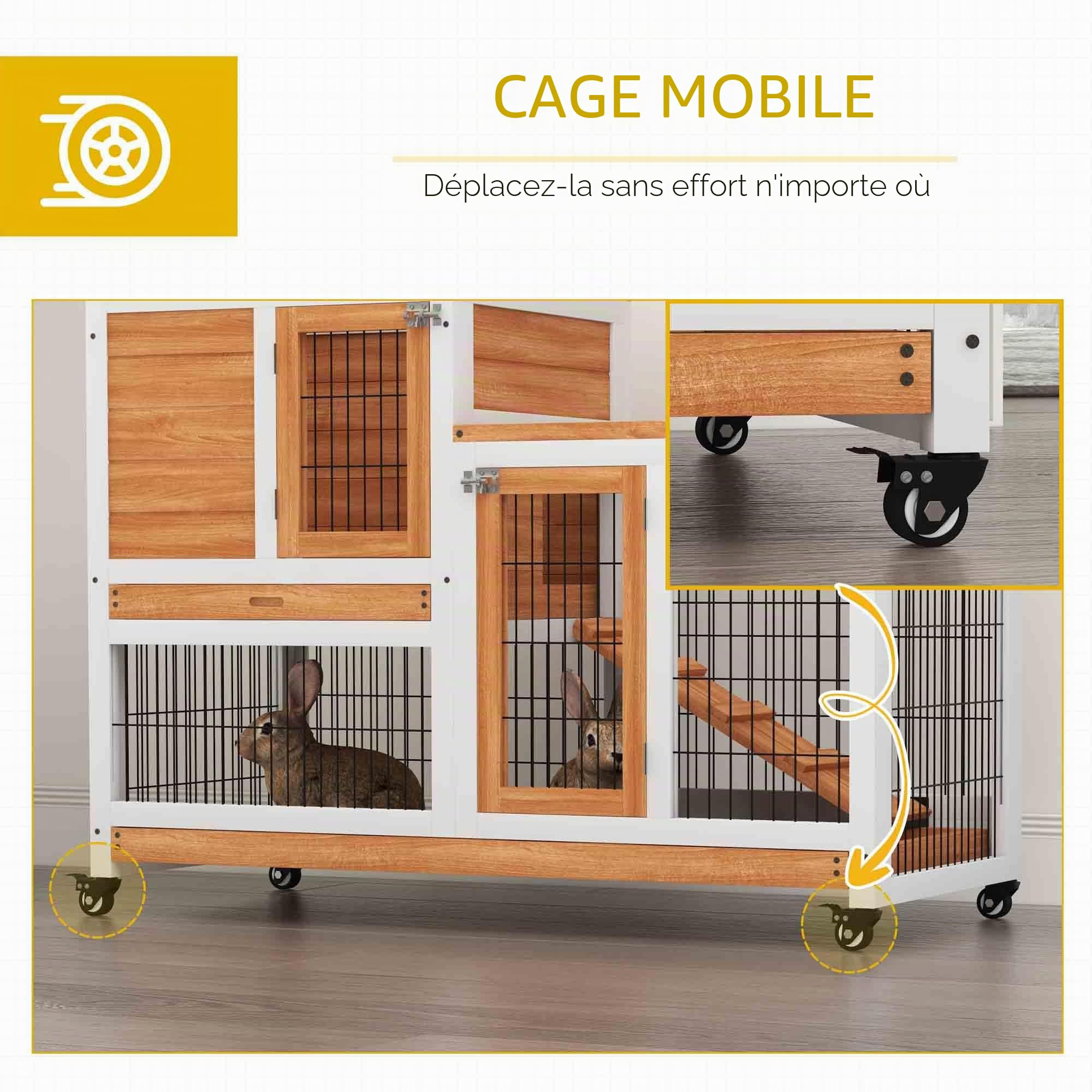 PawHut Cage en bois pour lapins à 2 niveaux avec roues, portes, rampe d’ouverture et 2 plateaux amovibles, clapier pour intérieur 110x50x88 cm naturel et blanc