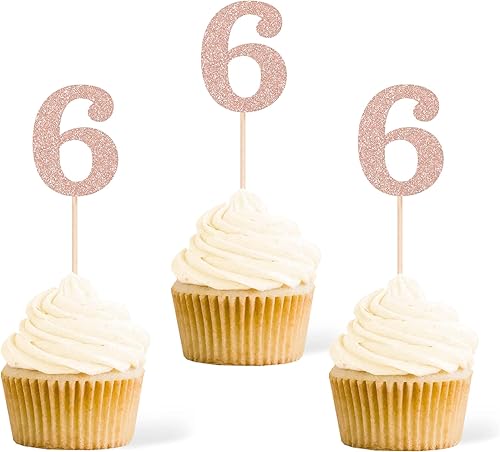 24 piezas de decoración para cupcakes de 6 cumpleaños de doble cara color oro rosa, decoración de 6 años con purpurina, decoración de fiesta de