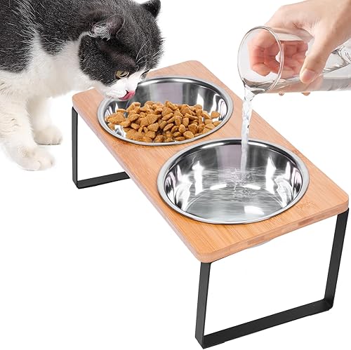 Cuencos elevados para gatos, cuenco elevado para gatos con cuencos de comida de acero inoxidable de 32 onzas, comedero antideslizante para gatos y