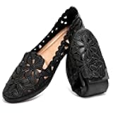 Women's Floral Ballet Flats for Women Black Beige Slip On Flowers PU Leather Round Toe Dress Shoes