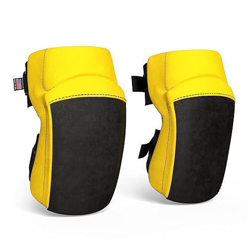 Paclord Rodilleras PRO Flooring Style con 3 niveles de protección, color amarillo, 1 par, piel de gamuza plana de napa y cierres ajustables