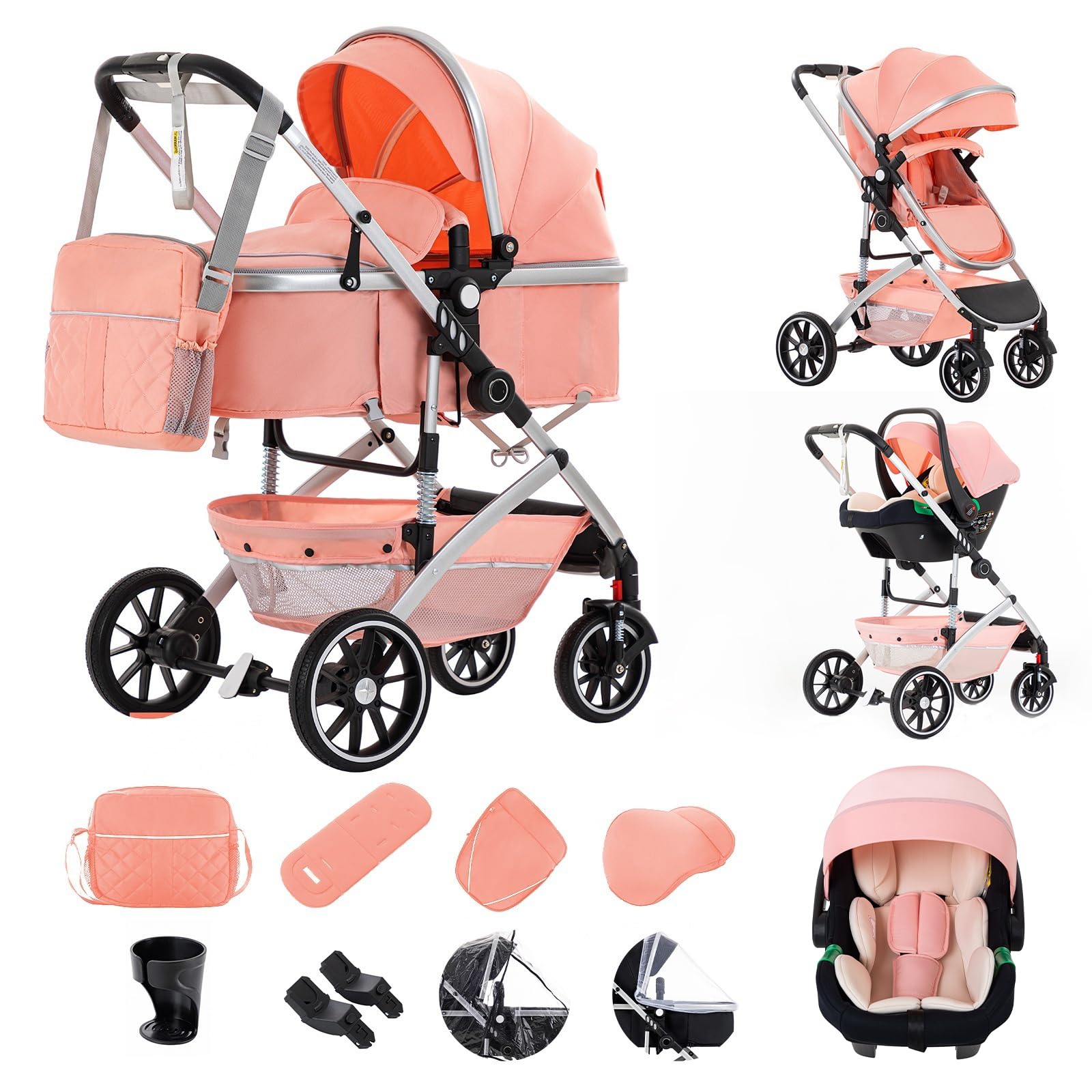 Gcarebb Passeggino 3 in 1 con seggiolino auto, portatile, con un clic, pieghevole, con telaio in alluminio, per neonati da 0 a 4 anni