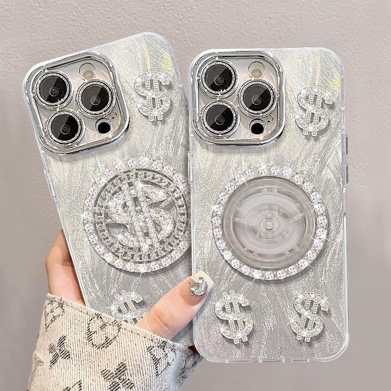 Image of COVERLY Cute 3D Dollar Rotation Spinner Case,Full Protective Case Kawaii Adorable Lens Glitter Diamond Silver Dream Casino Money Case Soft Silicone Fashion Aesthetic Cover for Apple iPhone 15