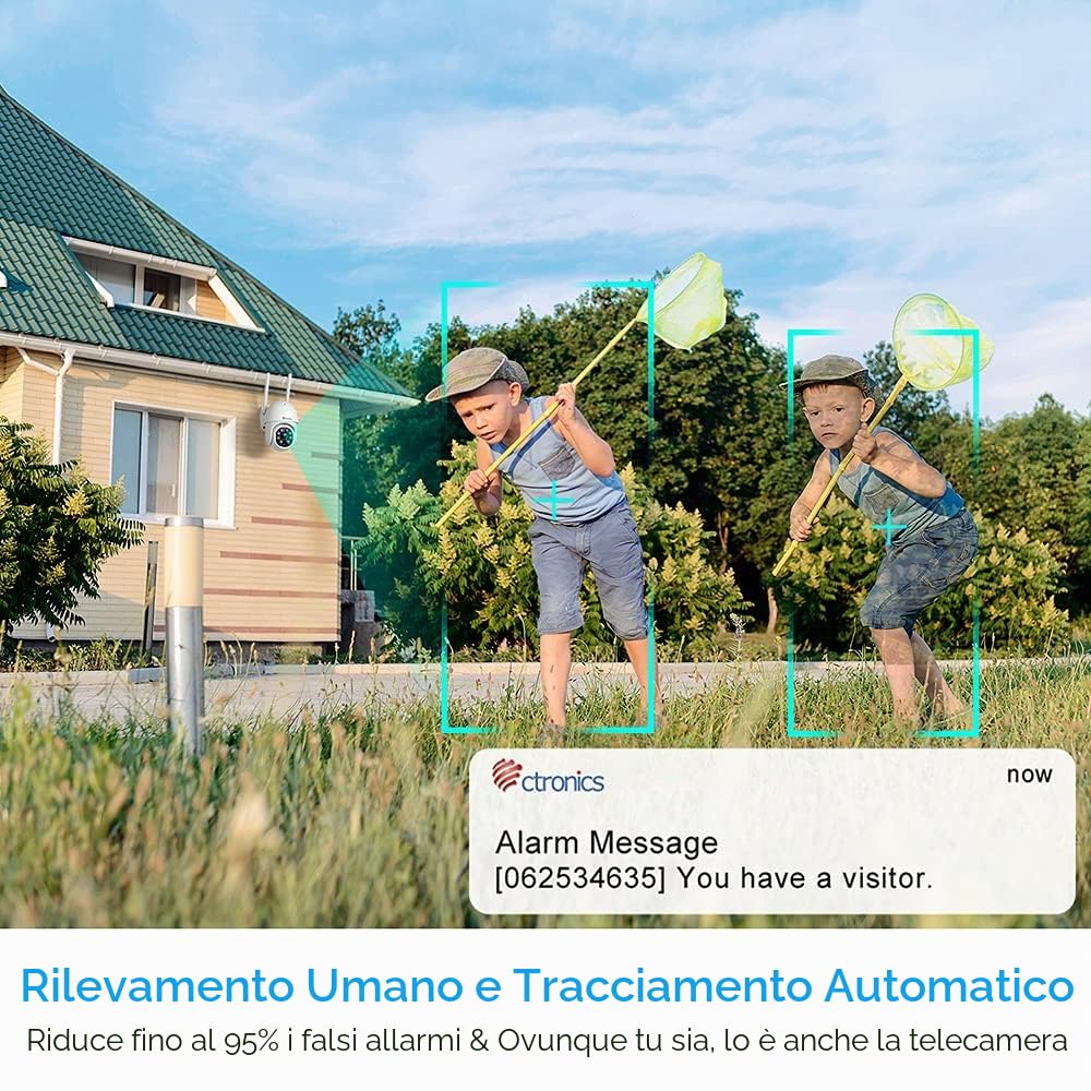 Ctronics 2K 4MP Telecamera di sorveglianza esterna WiFi PTZ 2560 x 1440 | WiFi IP Telecamera per esterni con rilevamento automatico, rilevamento persone, visione notturna colorata, rotazione a 355°