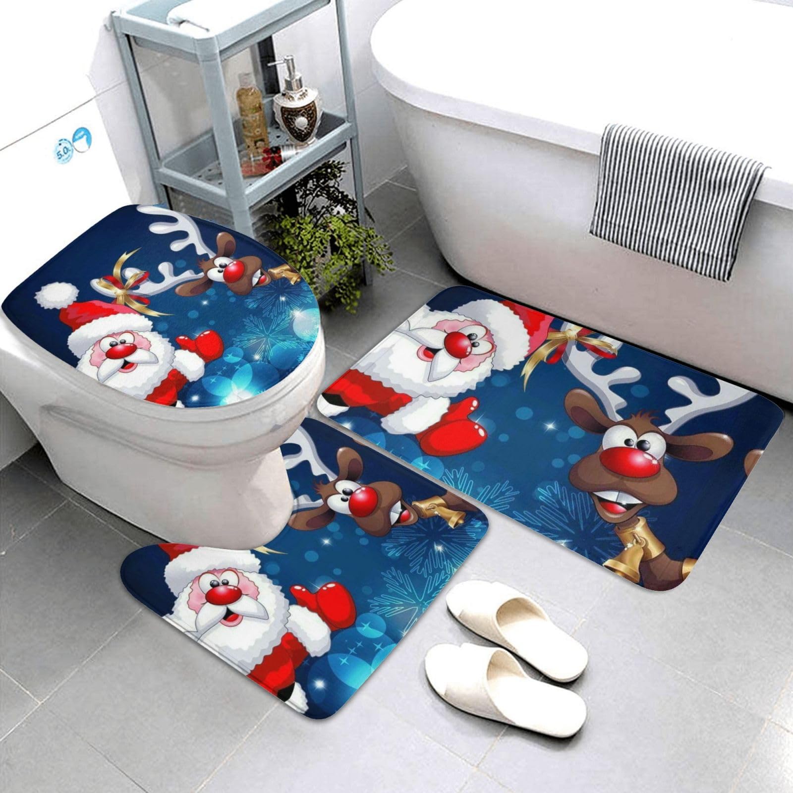 OUSIKA Set di tappetini da bagno con stampa di Babbo Natale e cervo e alce, 3 pezzi inclusi tappetino contorno tappetini assorbenti da bagno copriwater per bagno