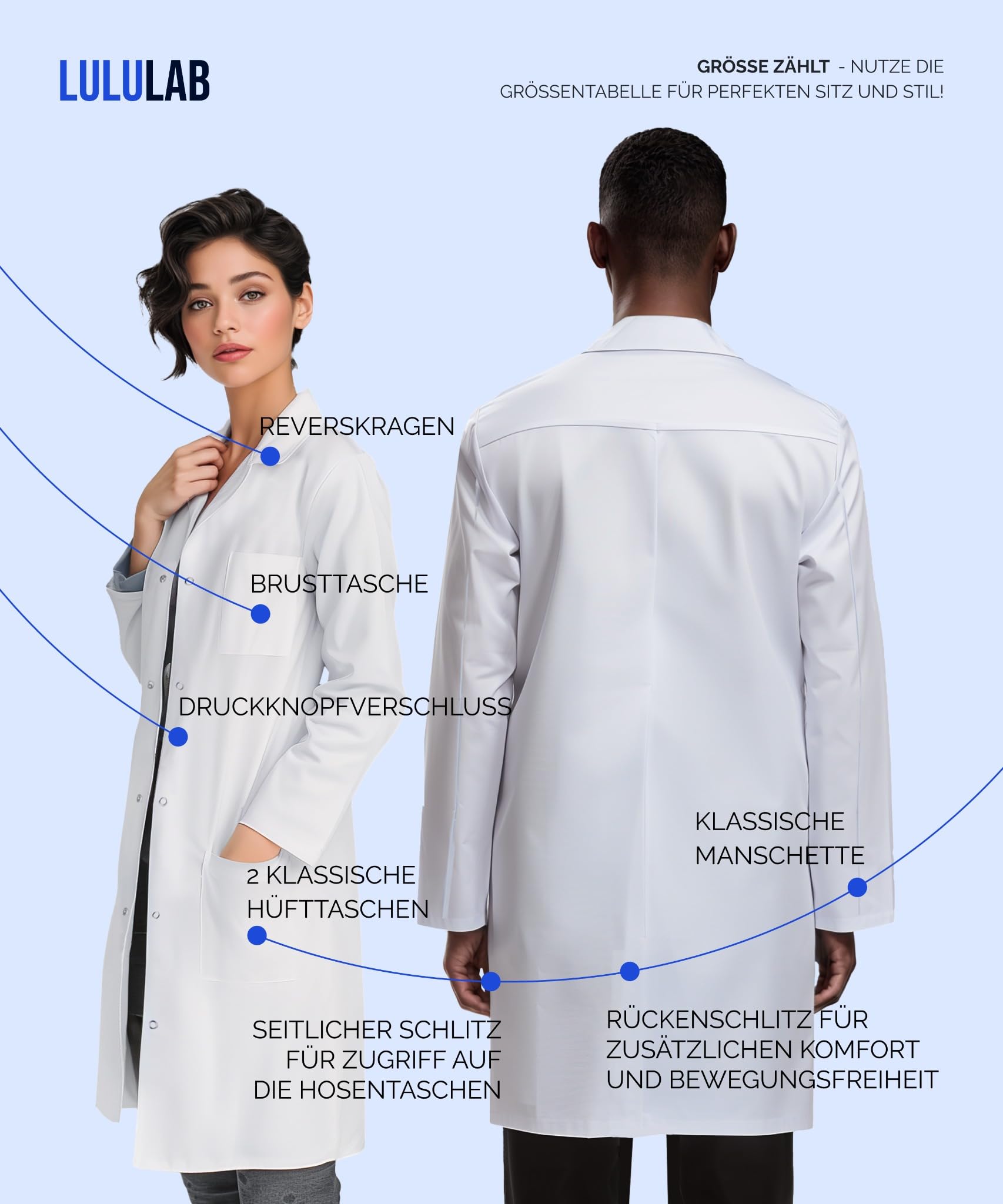 LuluLab Laborkittel Unisex für Herren & Damen, Relaxed Fit, 200 GSM Polyester-Baumwolle, mit Druckknöpfen und 3 Taschen, für Medizin, Arbeit & Schule, Weiß