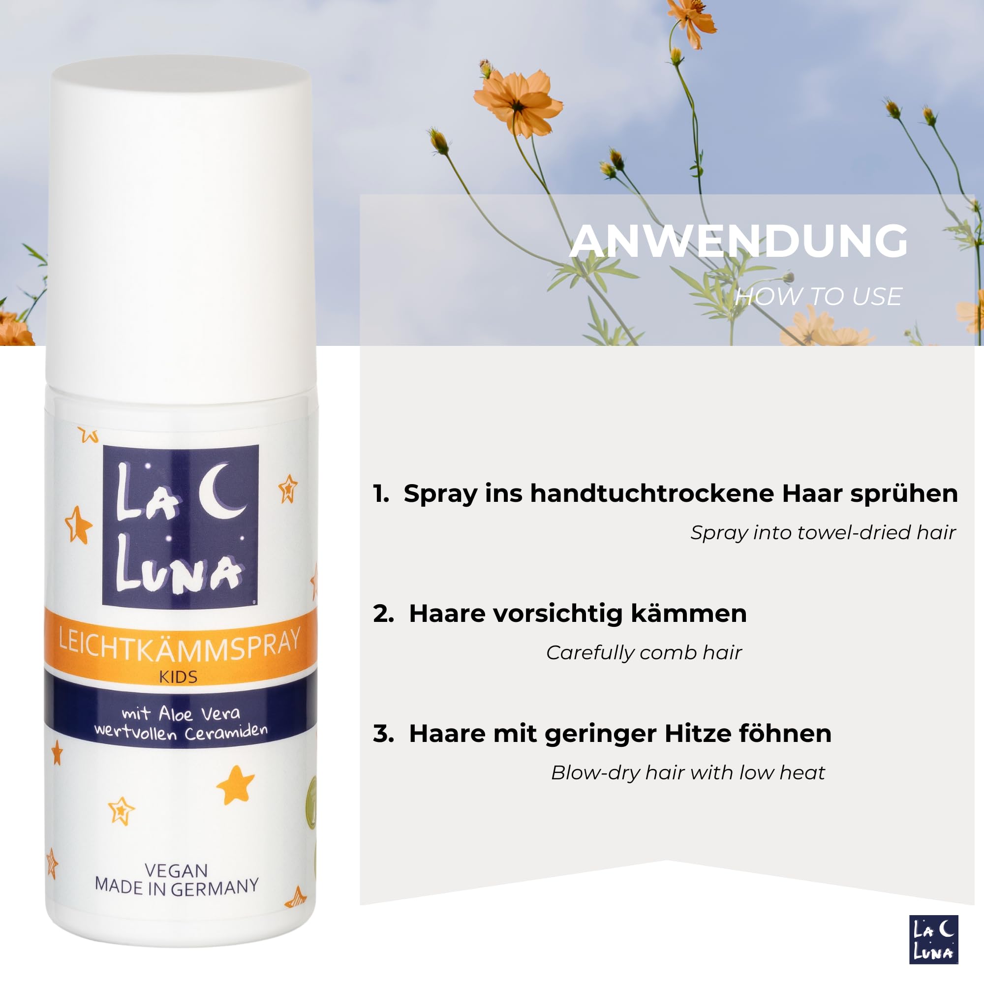 LA LUNA® Lekki spray do włosów dla dzieci, kompatybilny z aloesem, cenne ceramidy, intensywna pielęgnacja, nie kopią włosów, wegański, pielęgnacja włosów dla dzieci, dla chłopców i dziewczynek, do każdego typu włosów, pielęgnacja włosów