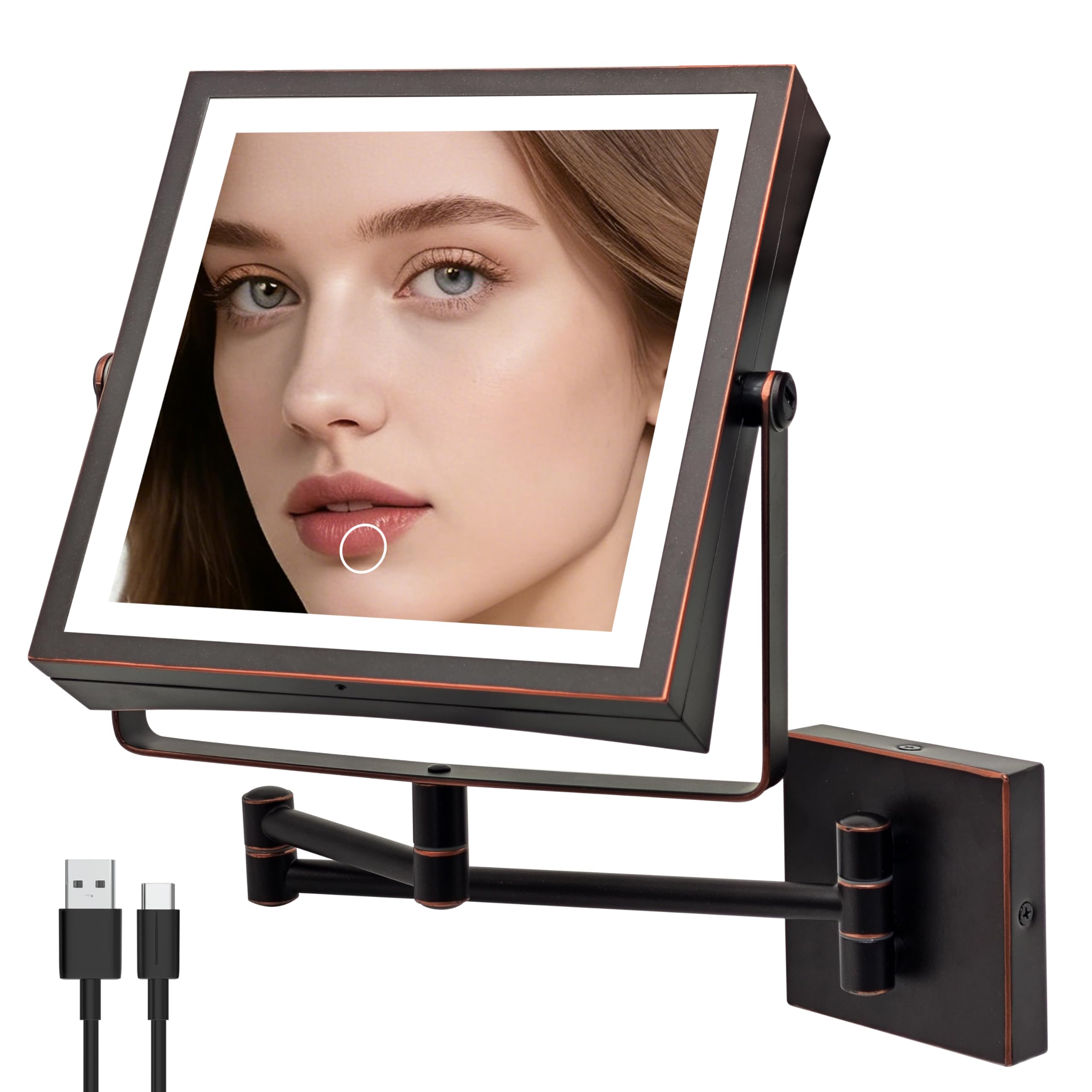 Wall Mounted Lighted Makeup Mirror Rechargeable Double-Sided 1X 10X Magnifying Mirror with Light Touch Dimmable 3 Color Lights