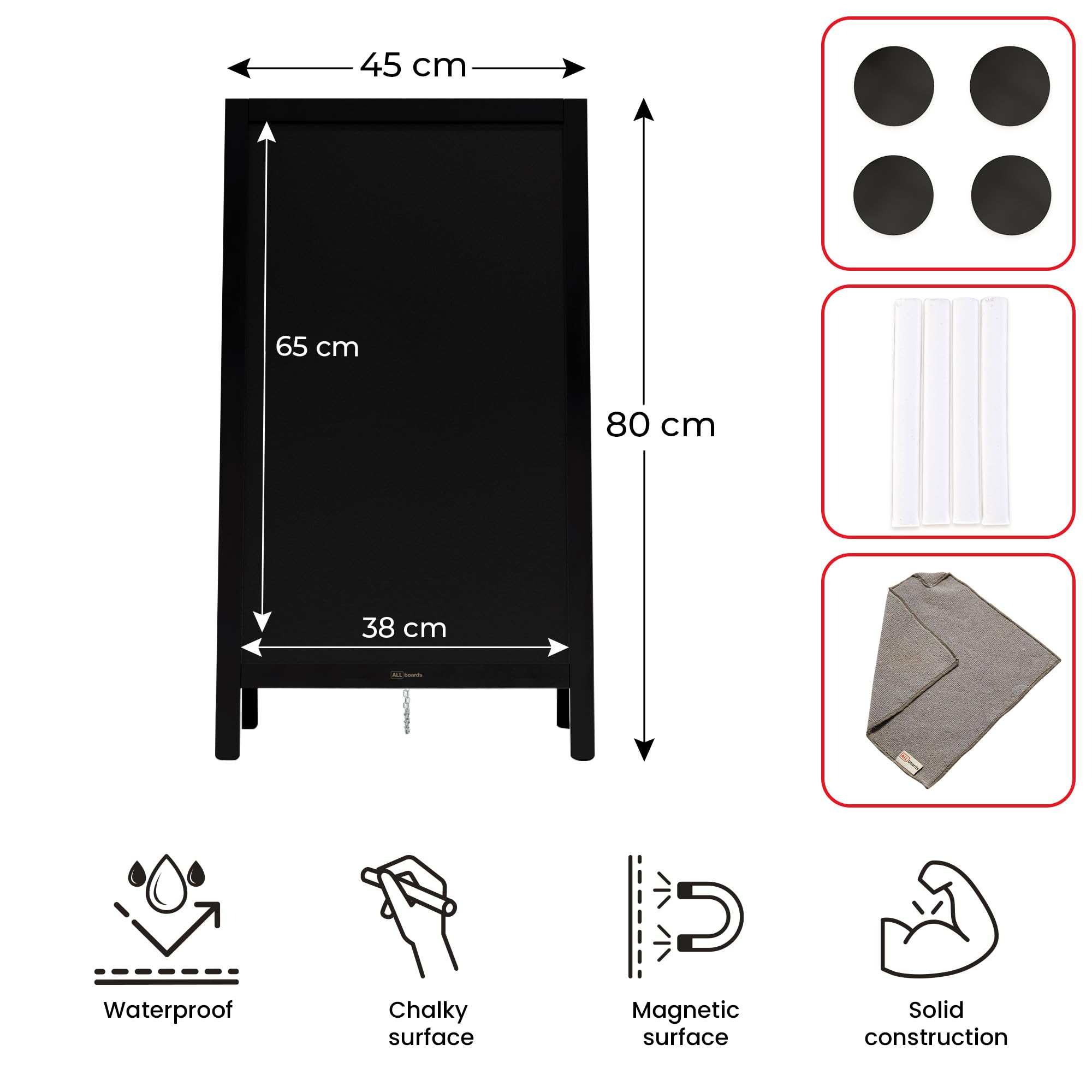 ALLboards Magnetischer Kundenstopper mit Kreideoberfläche, wasserfest 80x45 cm, SCHWARZ