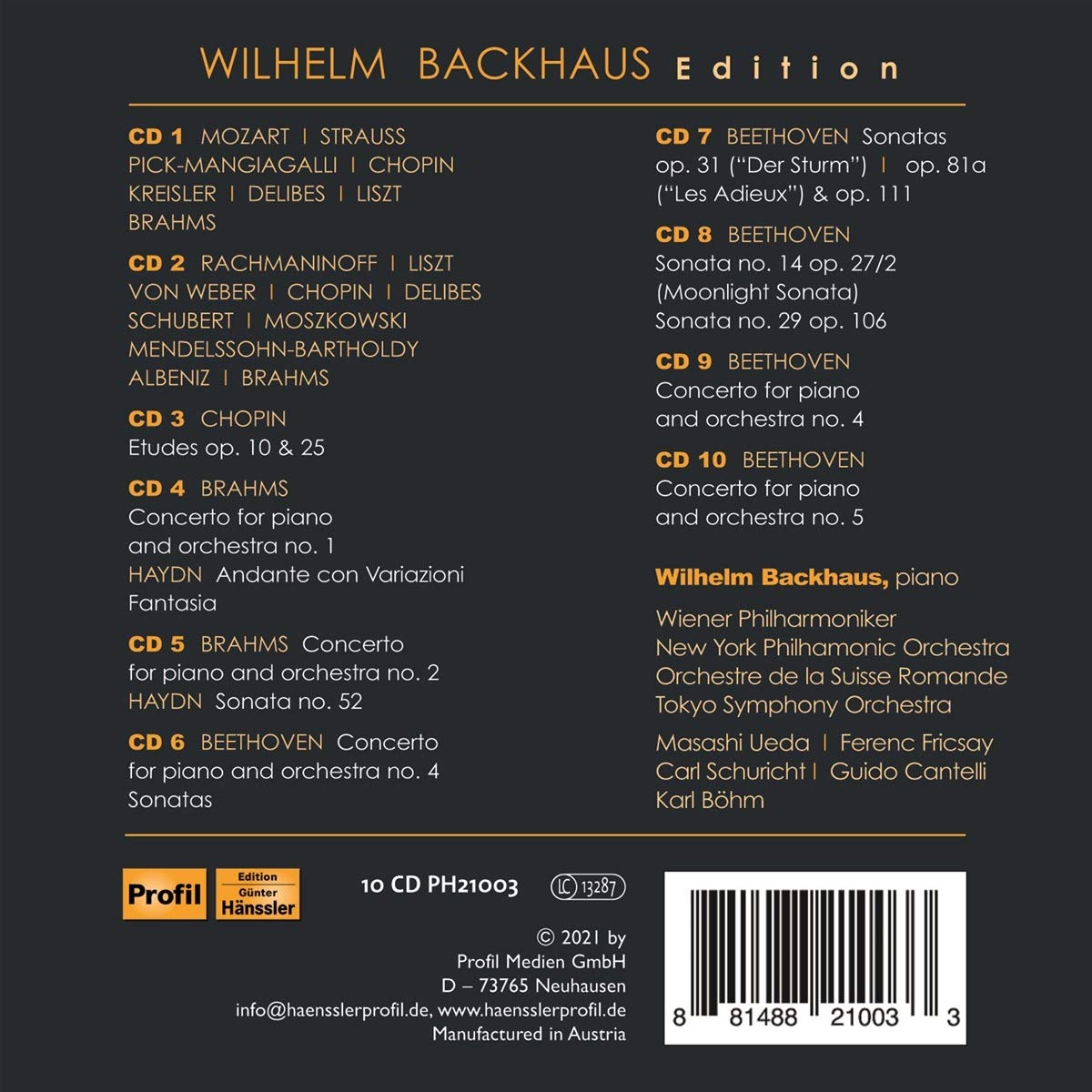 Wilhelm Backhaus Edition // Brahms: Klavierkonzert Nr. 1, Beethoven: Klavierkonzert Nr. 4, Nr. 5 & Sonaten, Chopin: Etüden, Haydn: Andante con variazioni