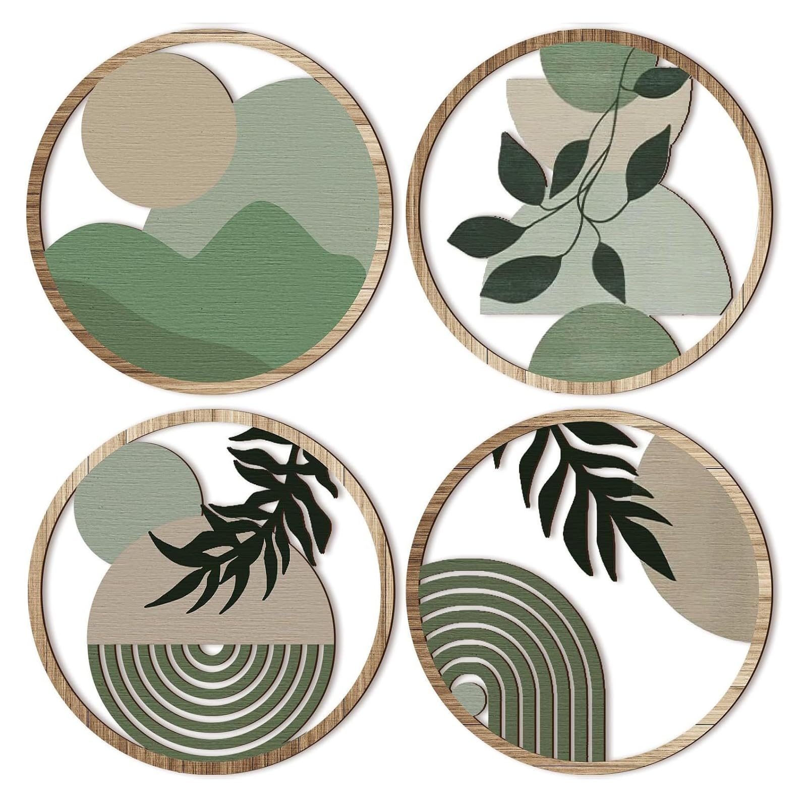 HPSOM Green Boho Wall Art, 4PCS Green Boho Wooden Wall Decor Bohemian Botanical Wooden Sign Minimalist, 10 Inch Bohemian Home Decoration Hanging Wall Decor for Farmhouse Bedroom Living Room Office