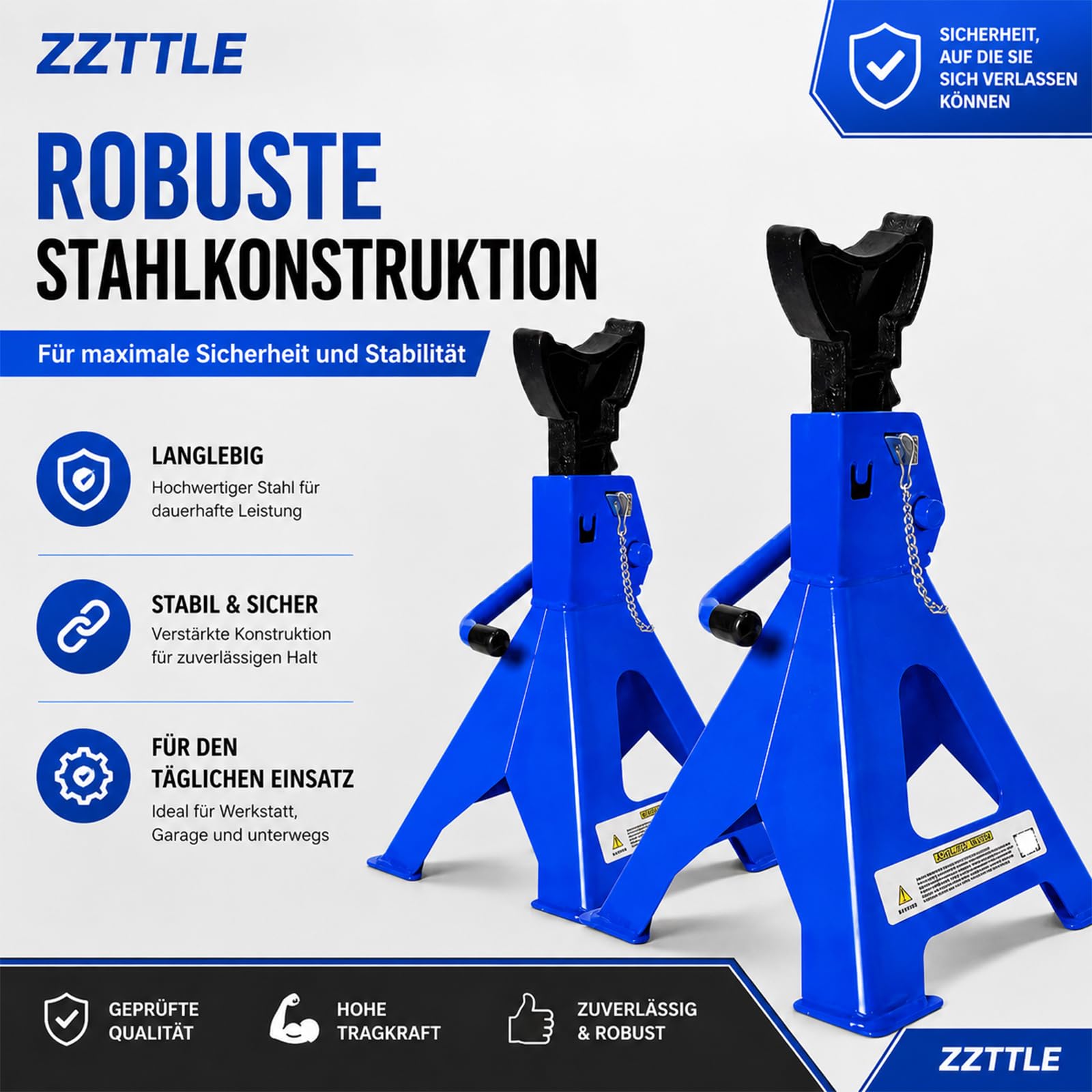 Lot de 2 chandelles avec goupille de sécurité et cric de voiture, capacité de charge de 3 tonnes, en fonte, béquilles de support pour voiture, 9 niveaux de hauteur, réglables en hauteur