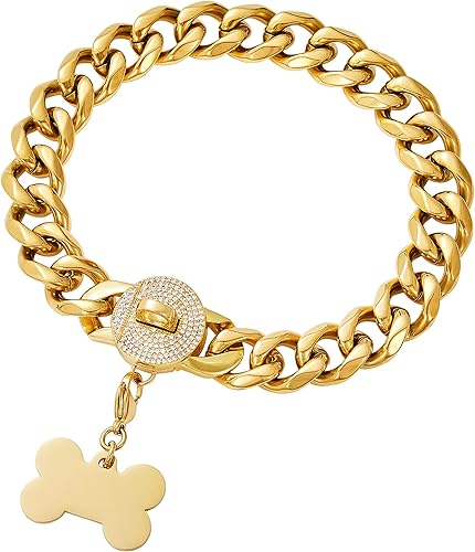 Miniatura 1 de ToBeTrendy Collar de cadena de metal para perro con diseño brillante seguro, cadena de eslabones cubanos de oro de 18 quilates, resistente y