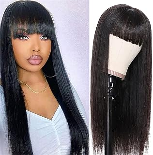 LKJJTG Perruques de Cheveux Humains de 150% pour Femmes Perruque Noire avec Frange Droite 100% brésilien véritable Perruque de Cheveux Vrais pour Les Femmes Noires 14inch