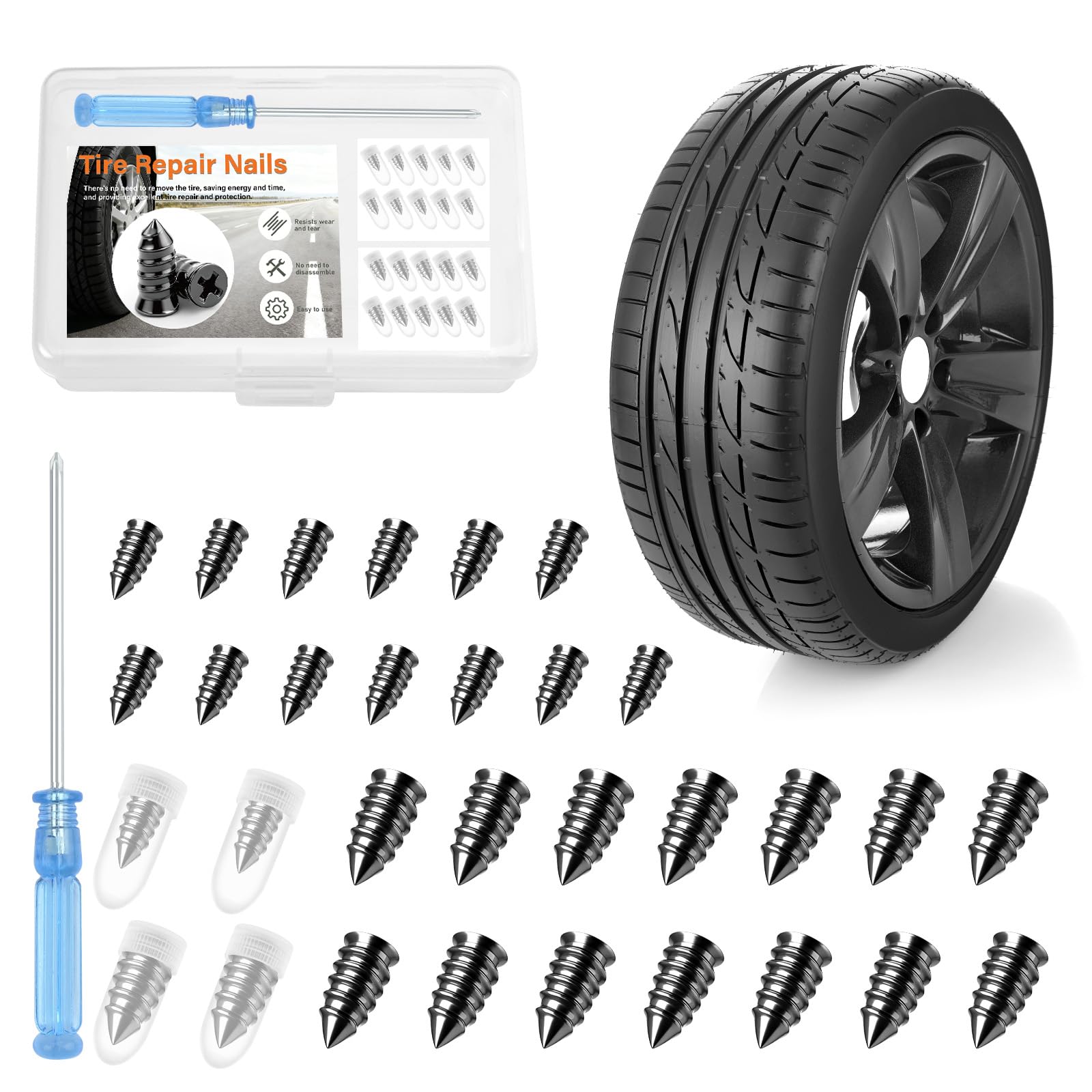 Morcheiong 30/60/120 Pcs Tire Repair Rubber Nail Kit Self-Tapping Tire Repair Screws Suitable for Motorcycles Trucks Cars Other Vacuum Tire Vehicles (60)