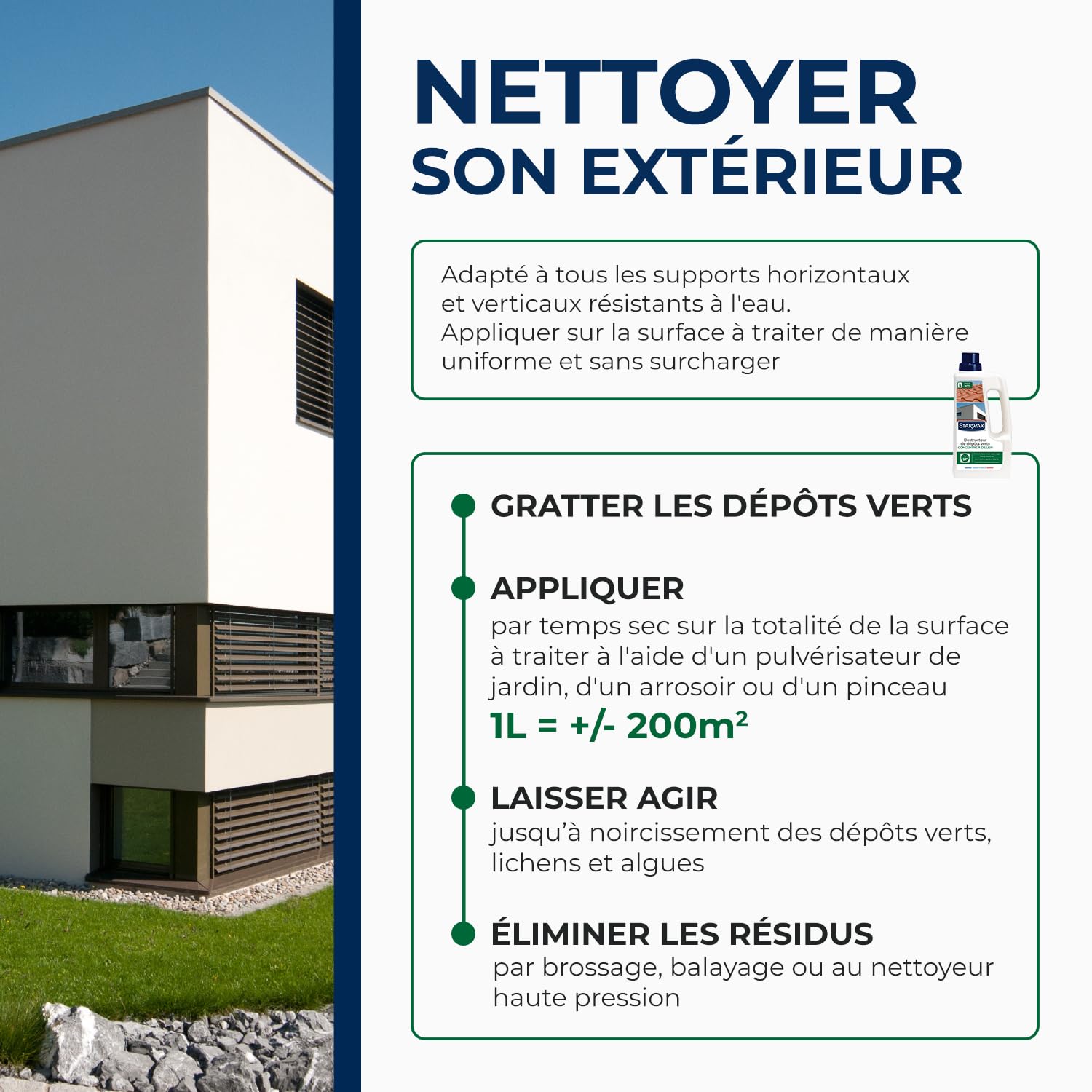 STARWAX - Destructeur de Dépôts Verts Concentré à Diluer - Elimine en Profondeur les Dépôts Verts, Lichens et Algues -Toitures, Murs et Sols - Sans Rinçage -Efficace dès 24h - Fabriqué en France - 1l