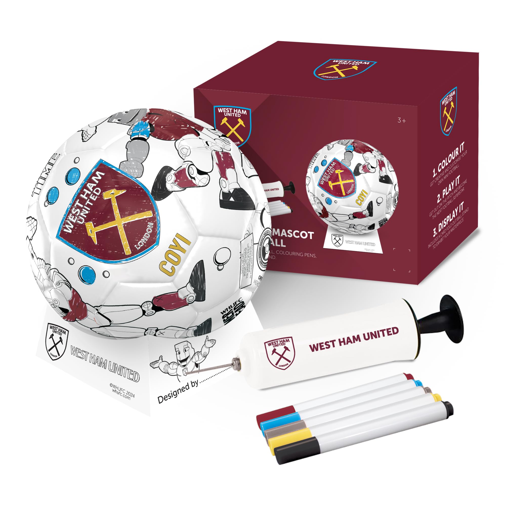 Hy-Pro Officially Licensed West Ham F.C. Scribble Ball – Size 2 Colour in Football with 5 Colouring Pens, Stand & Pump, Football Toys, West Ham Gifts for Boys and Girls 3+