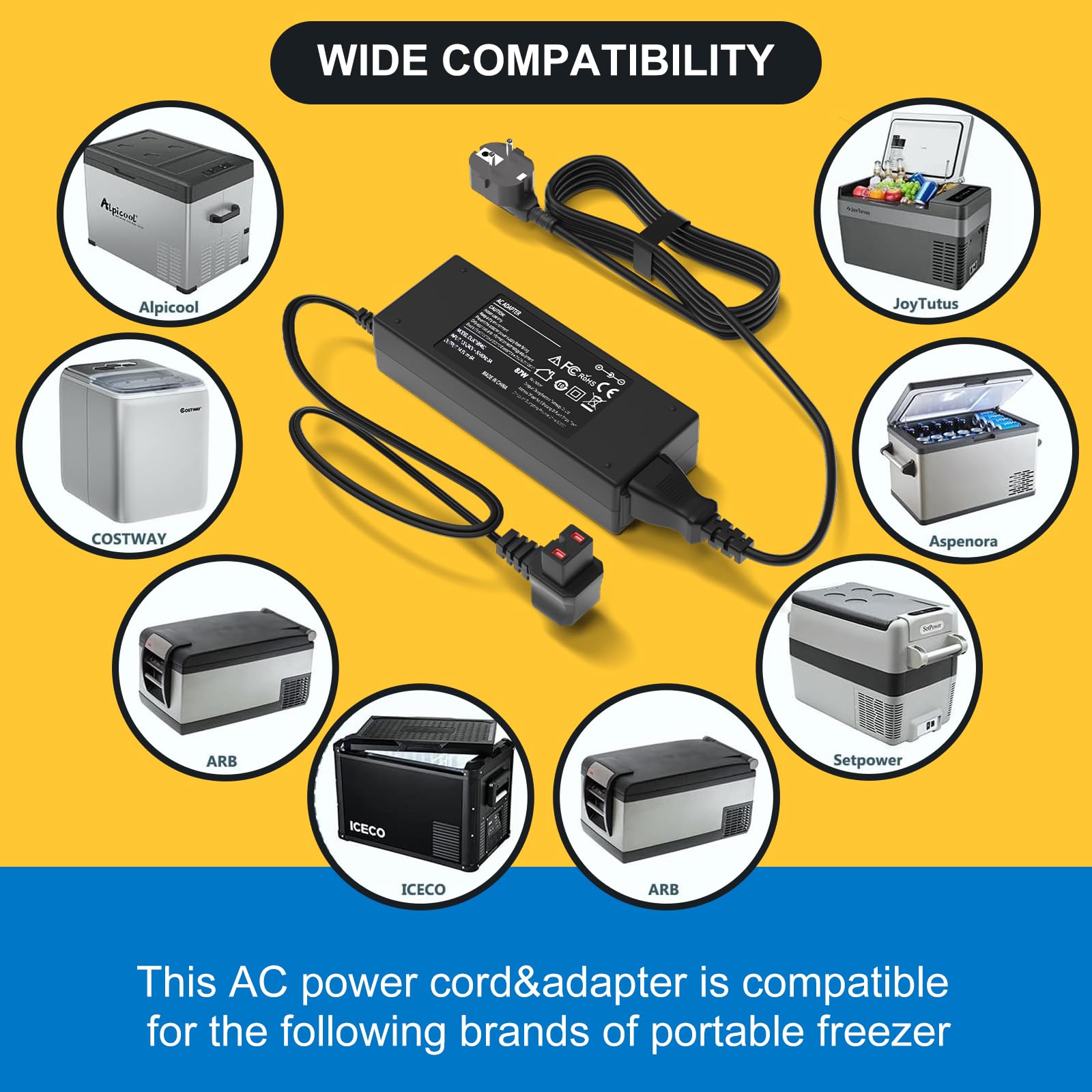 Adapter prądu zmiennego 87W do lodówki samochodowej części zamrażarki samochodowej kompatybilny z Alpicool Bodega Euhomy BougeRV ARB ICECO SetpowerJoyTutus i większością markowych