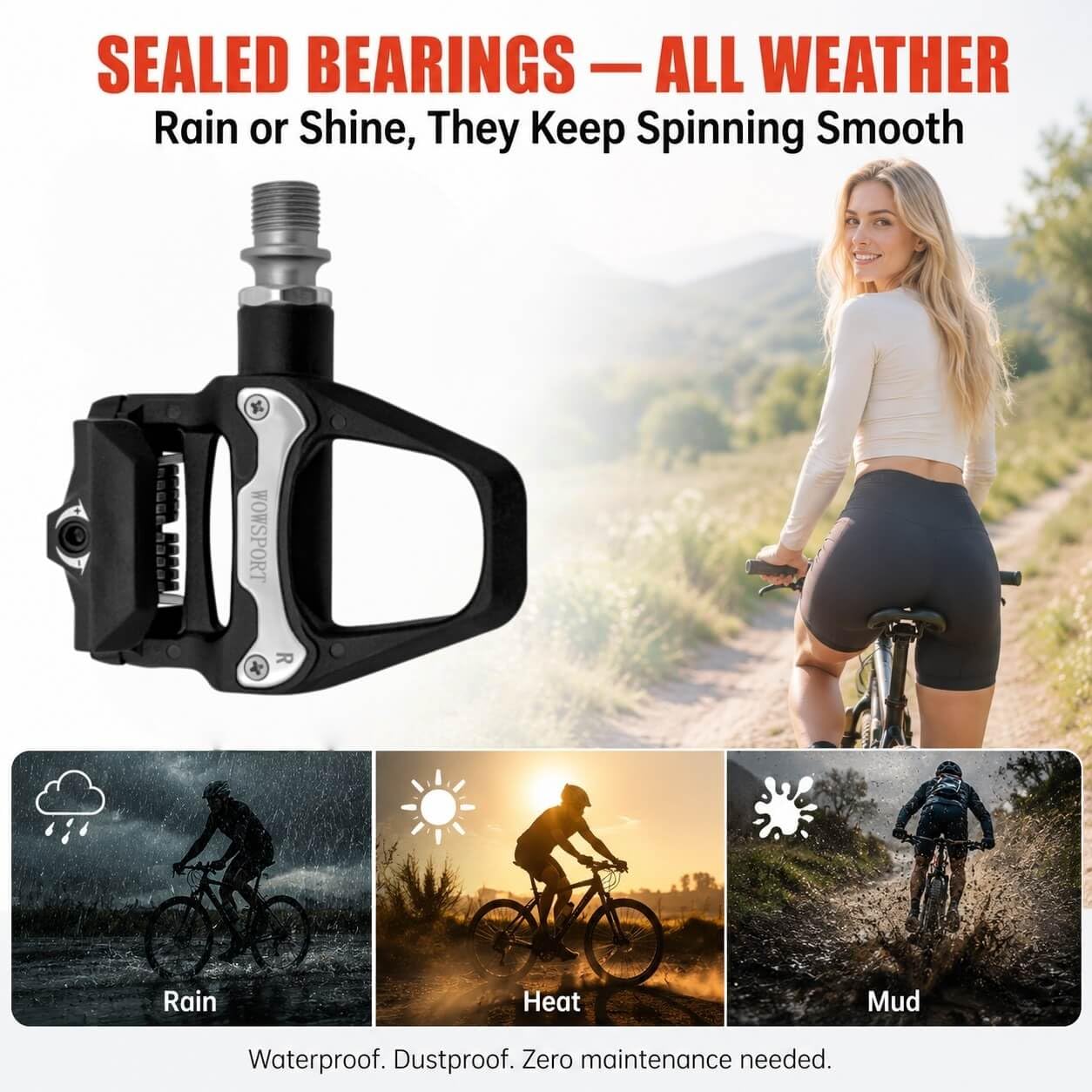 WOWSPORT Pedales de bicicleta de carretera sin clip W500-9/16 pulgadas, diseño ultraligero sin clip con tacos de 3 pernos, compuesto de nailon y rodamientos sellados