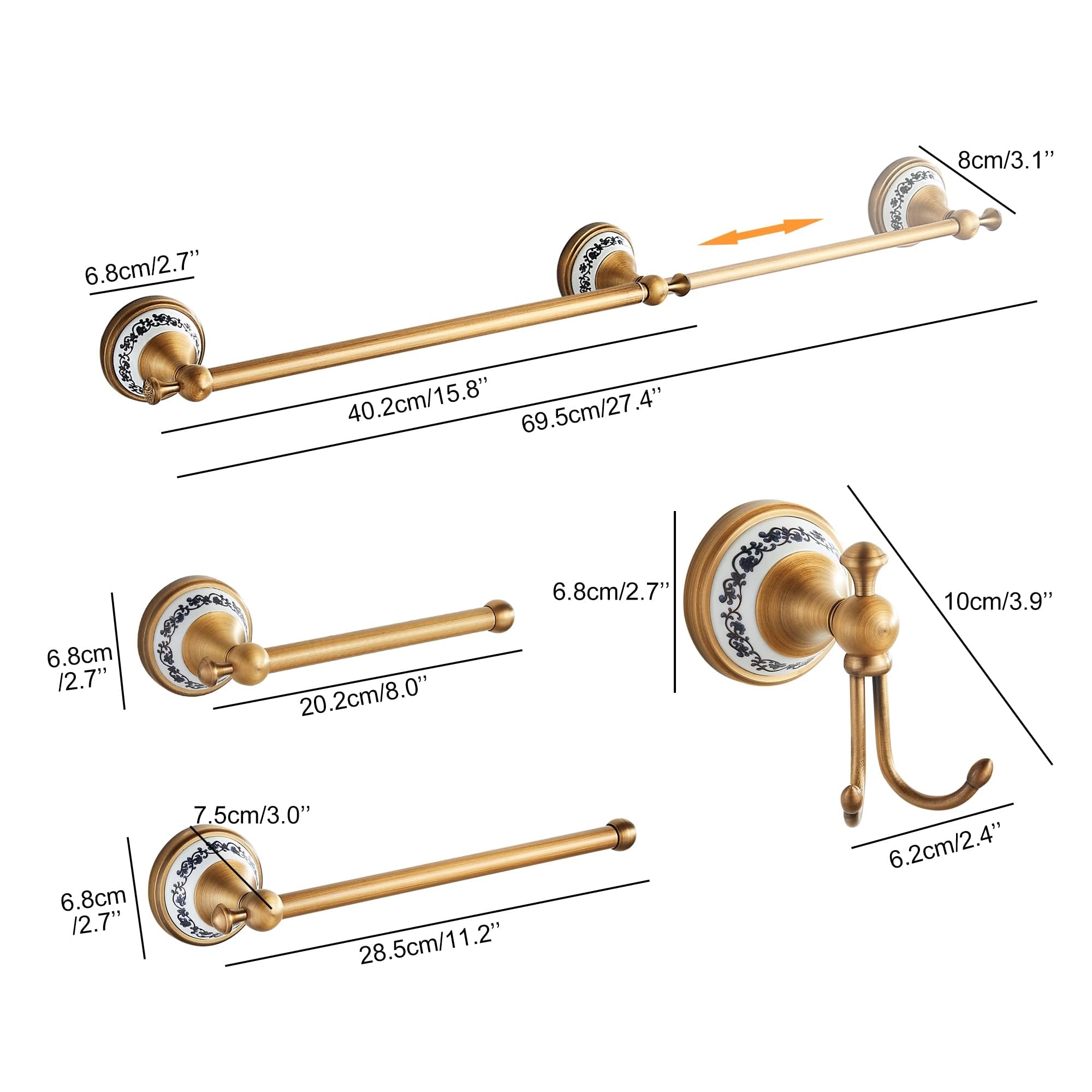 Juego de Accesorios de baño de Bronce Antiguo, toallero Ajustable, Soporte de Papel higiénico, Soporte para Toallas de Mano, Gancho, Juego de Accesorios de baño Dorados montado en la Pared