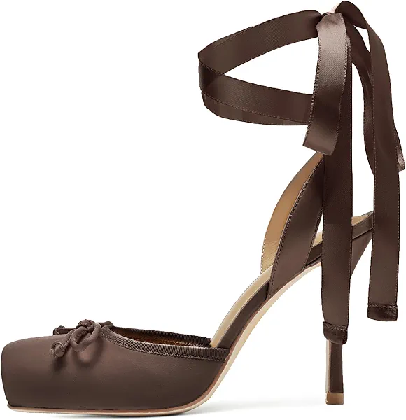 Riekhany Satin Ballet Heels for Women Closed Square Toe Bow Ballerina Heels Lace Up High Heel Slingback Pumps Strappy Stiletto Mary Janes Elegant Party Shoes Chocolate