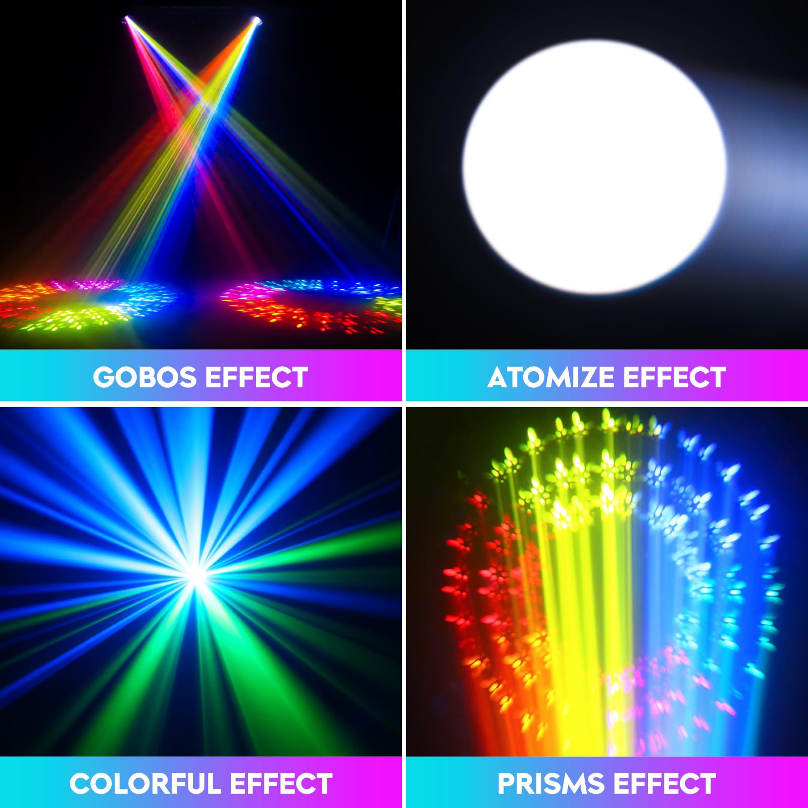Luce a testa mobile con prismi a 16 sfaccettature, 13 Gobos, 14 colori RGBW, LED di messa a fuoco lineare, DMX 512 e attivazione sonora per eventi DJ, matrimoni, feste