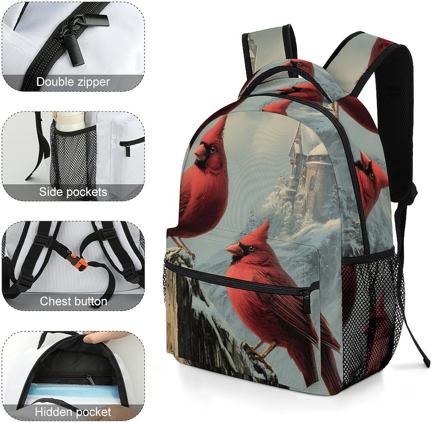 Cardina Birds Church Snowy Trees Unisex Backpack Casual Daypacks Lightweight Shoulders Bag for Camping Hiking Travel