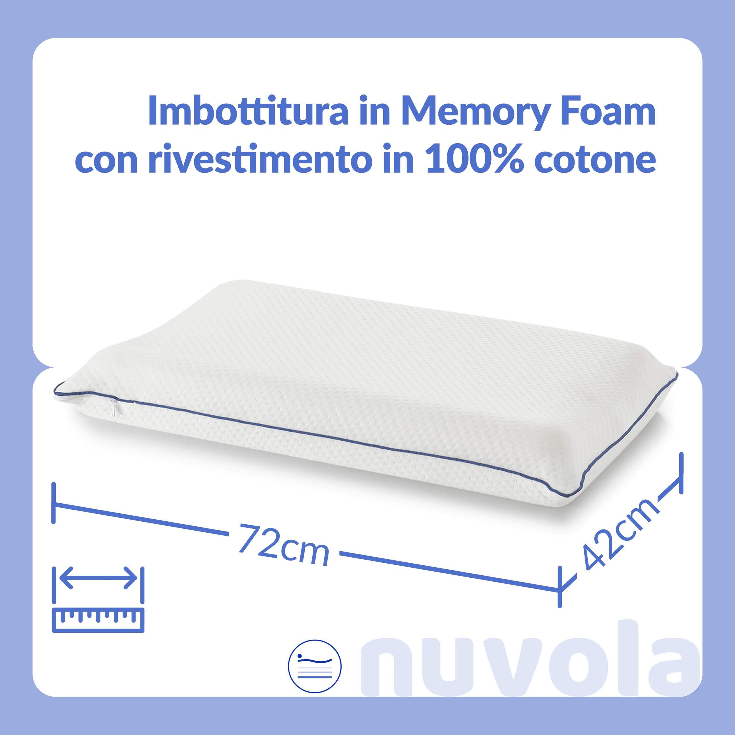 NUVOLA Comfortmassage - Cuscino Memory Foam Cervicale Confortevole e Traspirante, Guanciale Letto Ergonomico Rivestito con Fodera Antimicotica e Igienizzante, Cuscini Letto Made in Italy, 72x42x11/9h