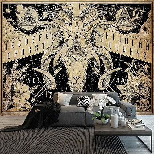 Miniatura 6 de Aidatain Tapiz gótico pagano, tapiz de cabeza de cabra artística contra el mal de ojo, grande de 80 x 60 pulgadas, tapices de arte de franela de