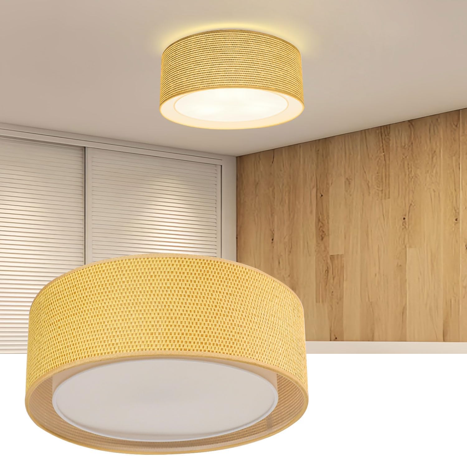 Flush Mount Ceiling Light, 15.7" Modern Drum Ceiling Light Fixtures with Rattan & Fabric Double Shade, 3-Light Boho Lamps for Bedroom Living Room Dining Room Hallway Entryway, Flaxen