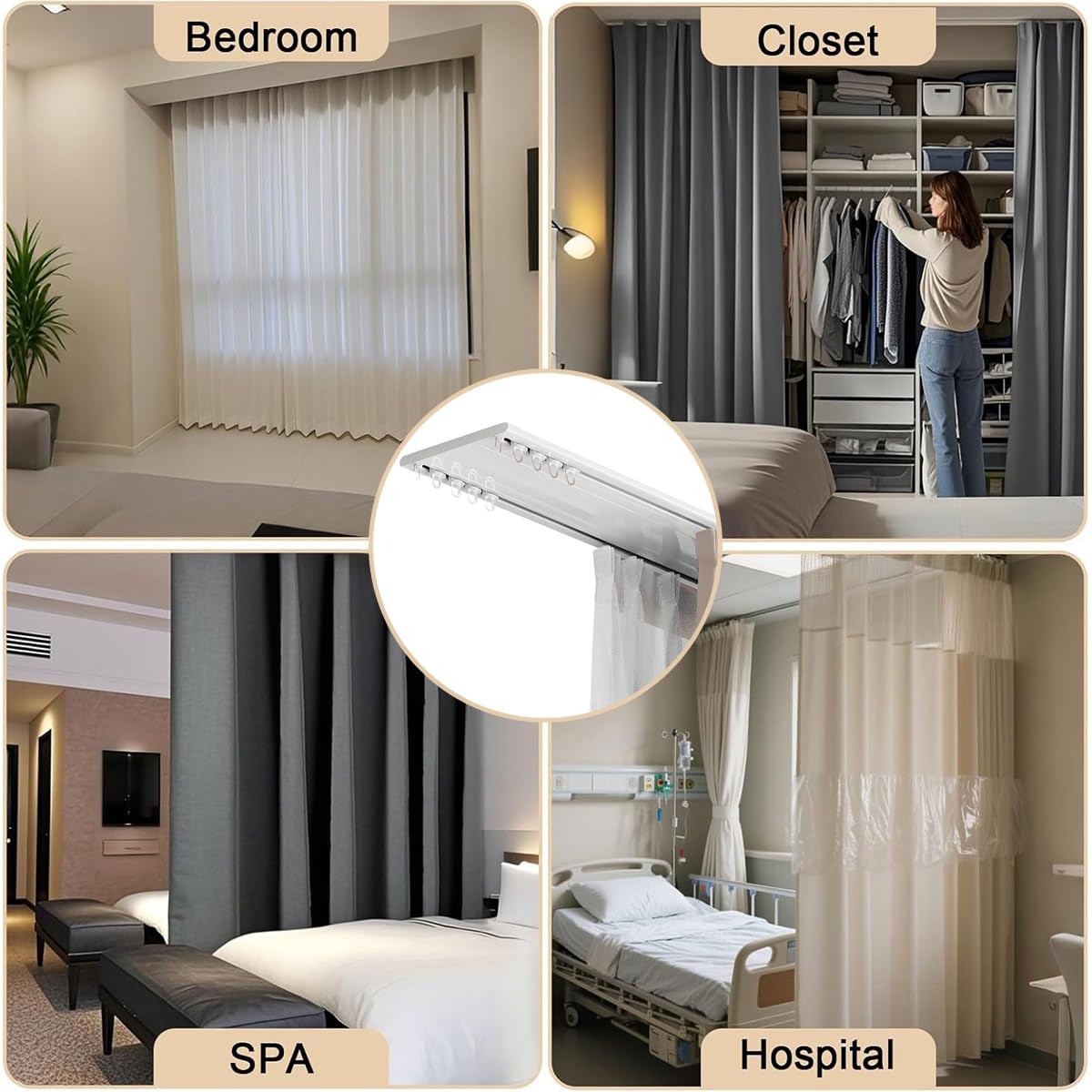 Sistema di aste per tende a doppio binario in alluminio con rulli silenziosi, perfetto per divisori in salotti, camere da letto, ospedali e docce (2,4 m)