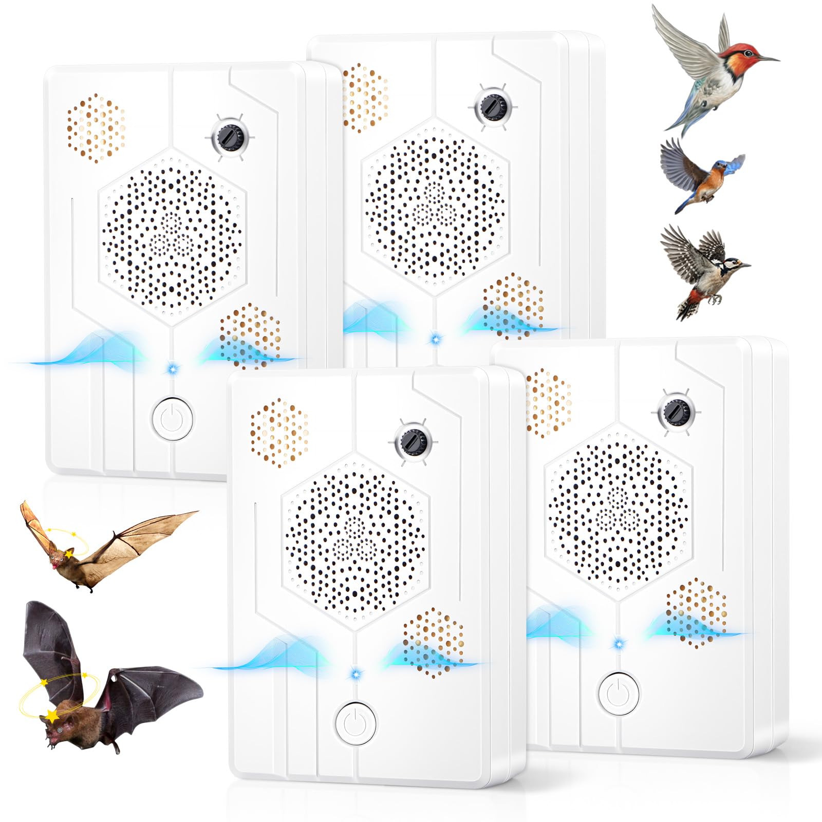 Photo 1 of 4Pack Upgraded Ultrasonic Bird Repellent Devices Outdoor & Bat Deterrent Rechargeable Woodpecker Deterrent for House Pigeon Repellent to Keep Birds Bats Out of Attic Porch Balconies Indoor