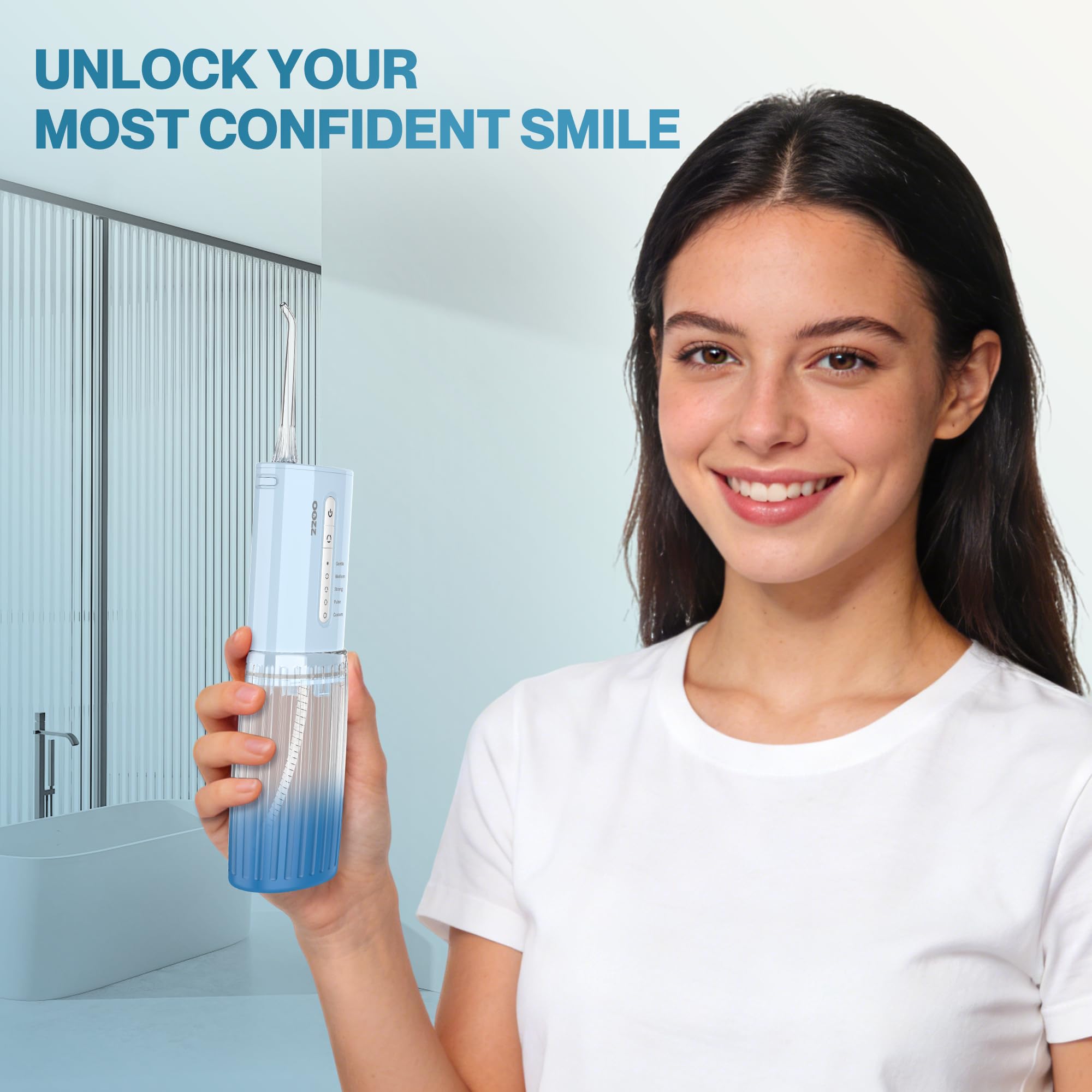 OOZZ Irrigador Bucal de Viaje Inalámbrico 5 Modos 6 Puntas Recargable USB Azul Degradado