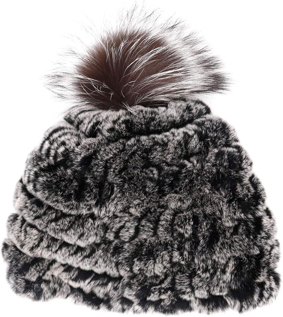 surell - Rex Rabbit Fur Textile Knit Beanie with Fox Fur Pom - Warm Winter Hat