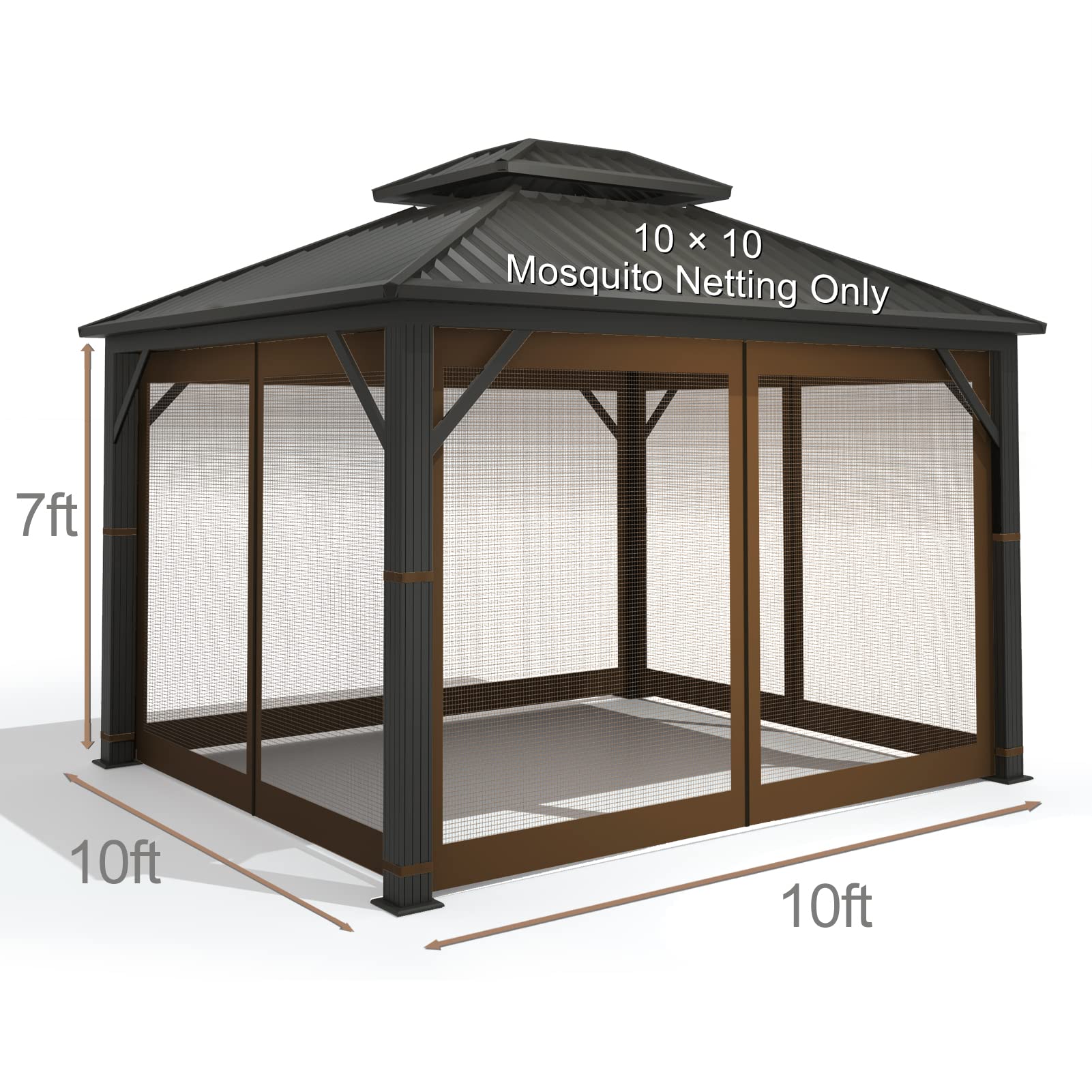 Mosquitera universal de repuesto para kiosco, 10 x 10 pies, pantalla de malla para exteriores, cortina de pared lateral de 4 paneles con cremallera (marrón) 2