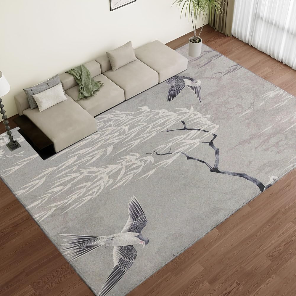 Tapis lavable gris saule à motif floral et poil court antidérapant
