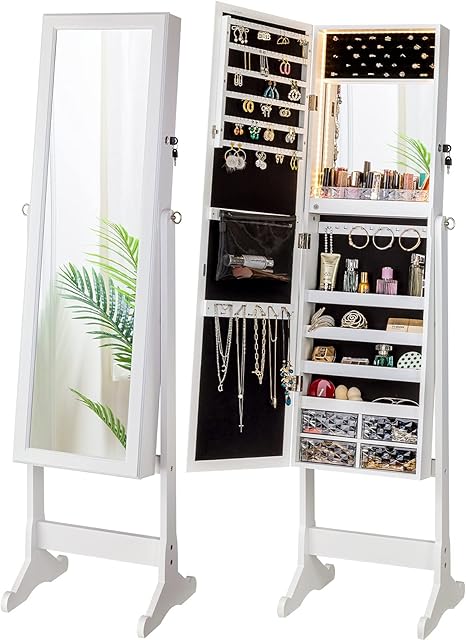LUXFURNI LED Light Jewelry Cabinet Standing Mirror Makeup Lockable Armoire, Large Storage Organizer w/Drawers (white)
