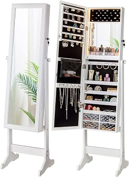 LUXFURNI LED Light Standing Jewelry Cabinet Armoire, Full Length Mirror with Storage, Lockable Large Storage Jewelry Organizer Mirror w/Drawers White
