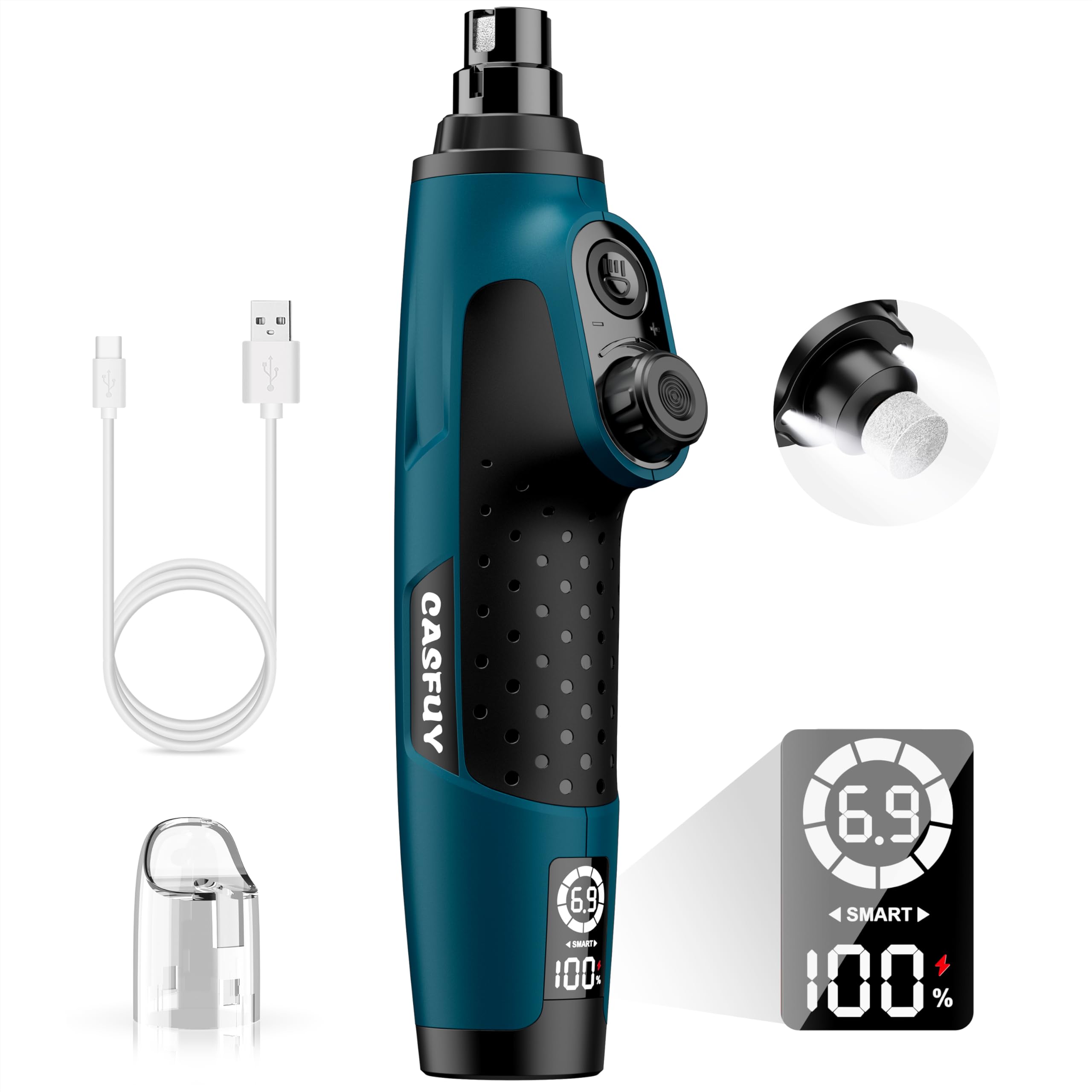 Casfuy Smart 6-Speed Dog Nail Grinder - 50% More Power Pet Nail Grinder with 2 LED Lights Quiet Rechargeable Electric Dog Nail Trimmers File Toenail Grinder for Large Medium Small Dogs & Cats (DB)