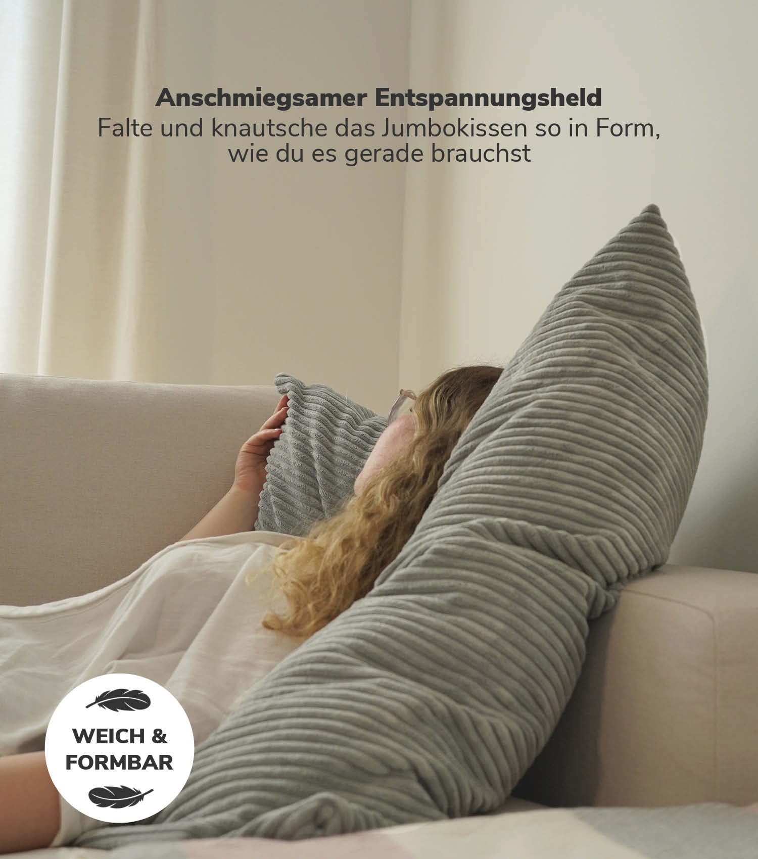 mokebo XXL Sofakissen 'Das Anschmiegsame', gemütliches Riesenkissen, XXL Kissen oder Jumbokissen mit Cordbezug, auch als Couchkissen, Liegekissen oder Bodenkissen in Beige, 90x90x10 (B/H/T in cm)